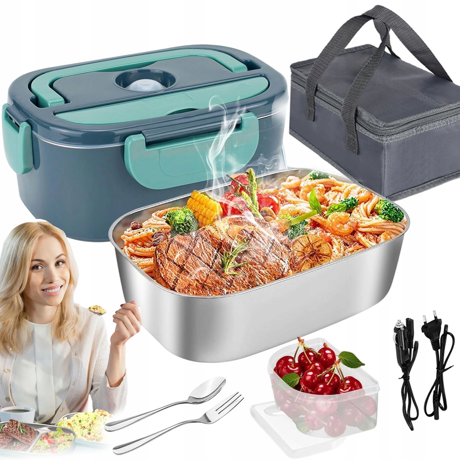 Elektricky Vyhřívaný Obědový Box S Termotaškou Vidlička Lžíce Zelená