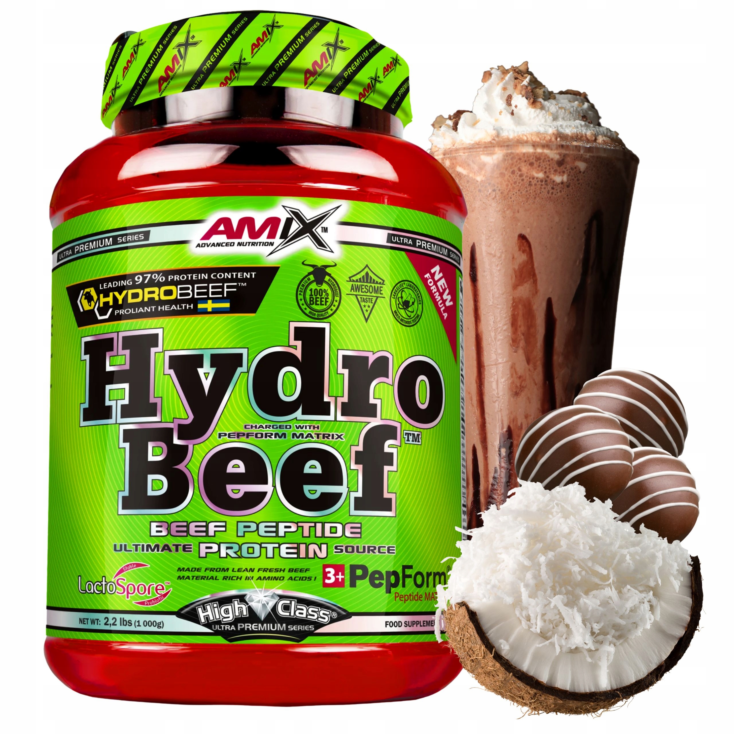Amix Hydro Beef Hydrolyzát Hovězí protein 1000 g Čokoláda Kokos Kolagen