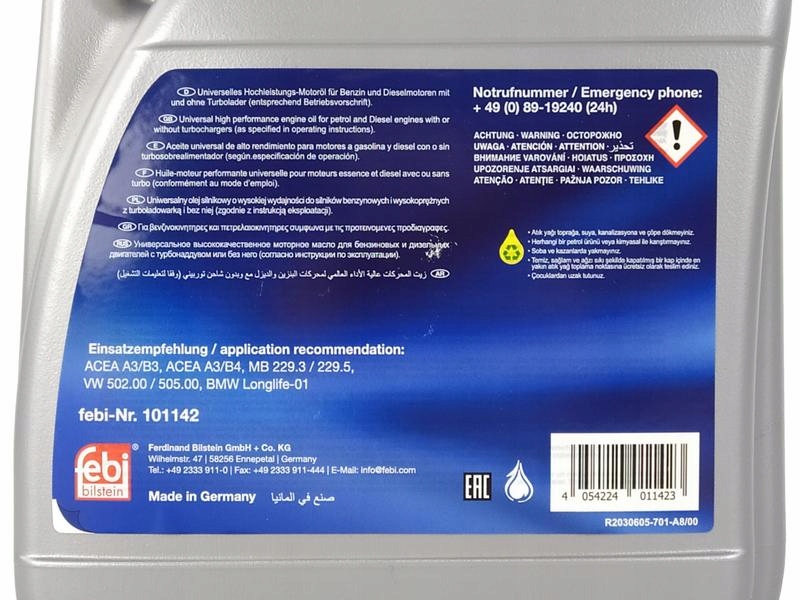 FEBI SYNTHETIC OIL 0W40 A3/B4 SN/CF 5L Pojemność opakowania 5 l