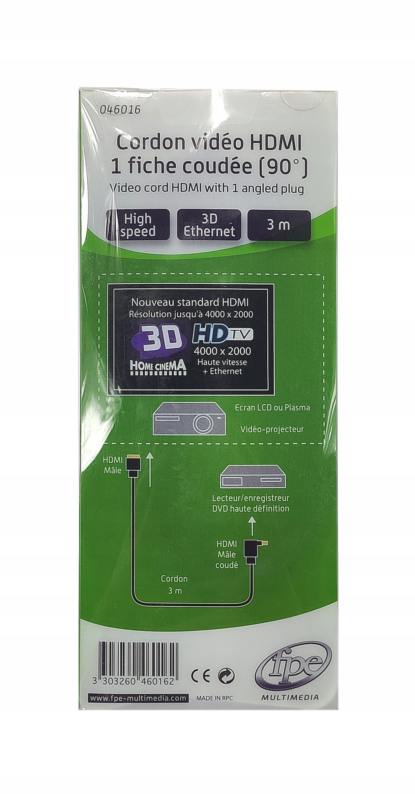 Przewód Kabel HDMI 1.4 Prosty-Kątowy 3 m FPE #Ł Złącza HDMI - HDMI