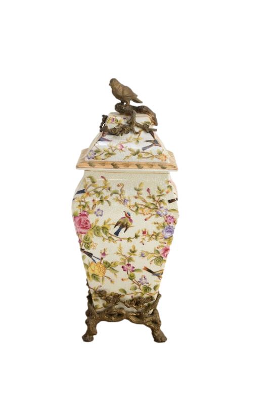 Porcelanowa Amfora - Puchar Waza - Porcelana + Brąz - Ptaszek