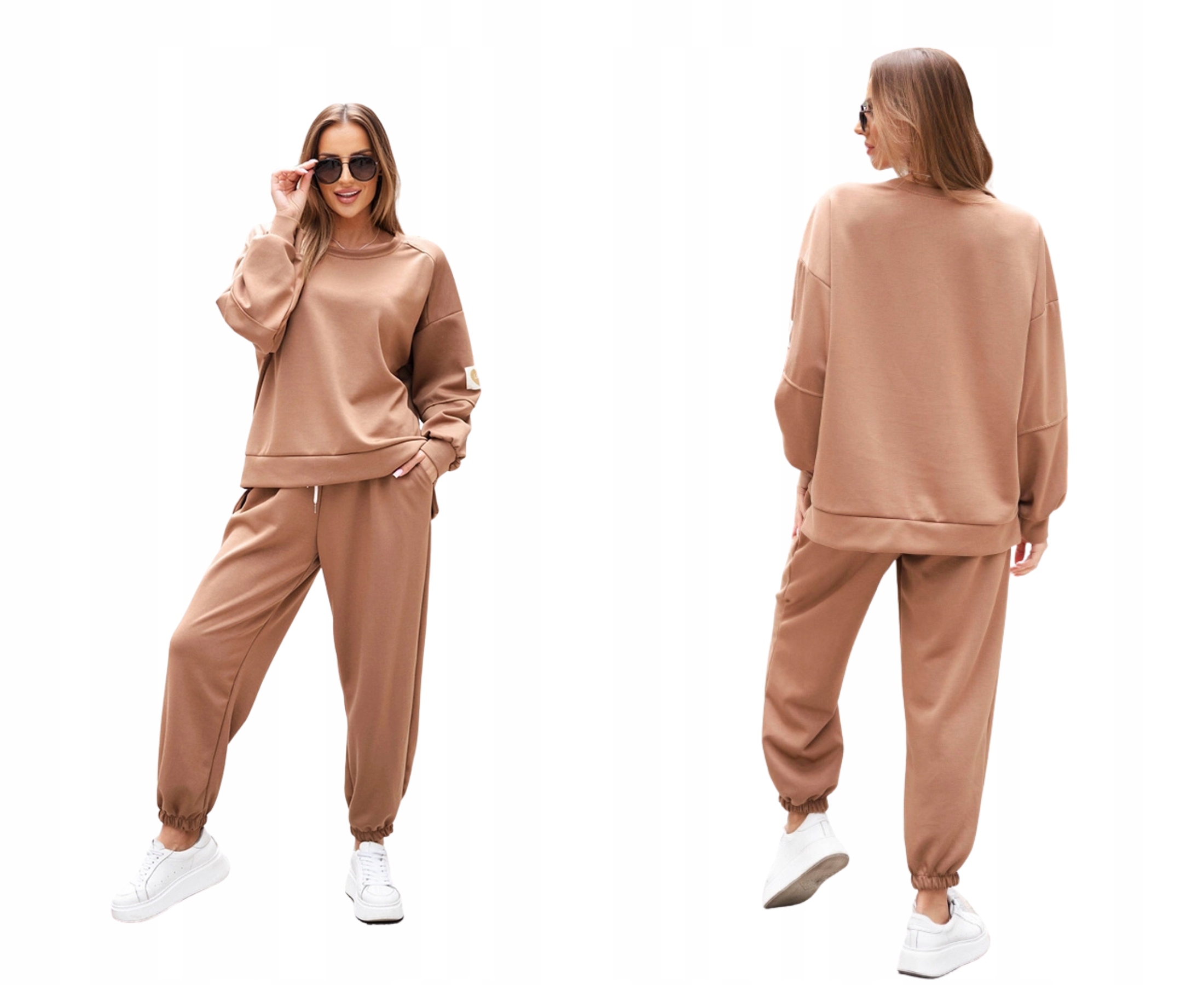 Tmavě camelový dámský máslový komplet s mikinou a kalhotami s nápisem Love