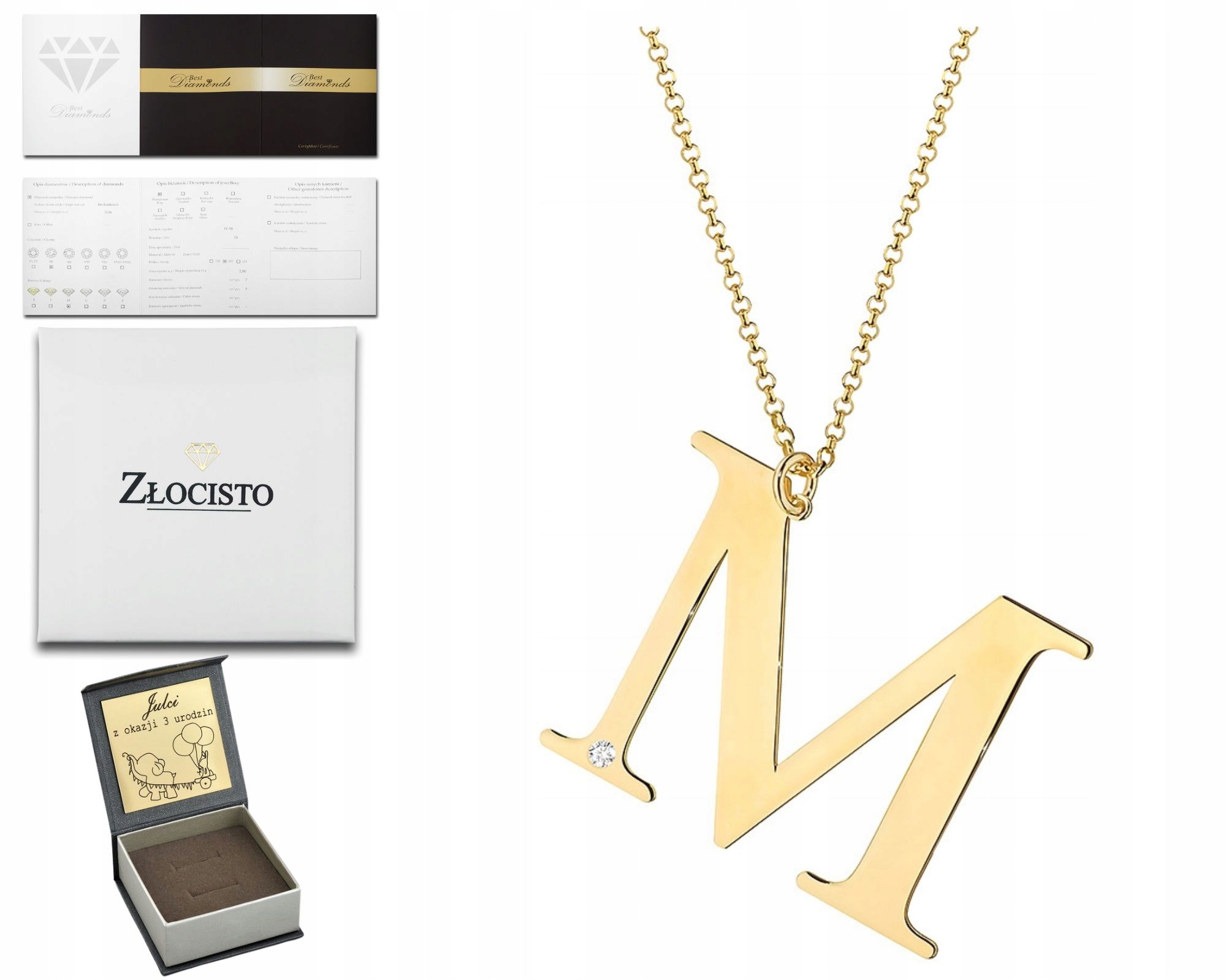 Zlatý Náhrdelník S Písmenem M Diamant Briliant Gravírování