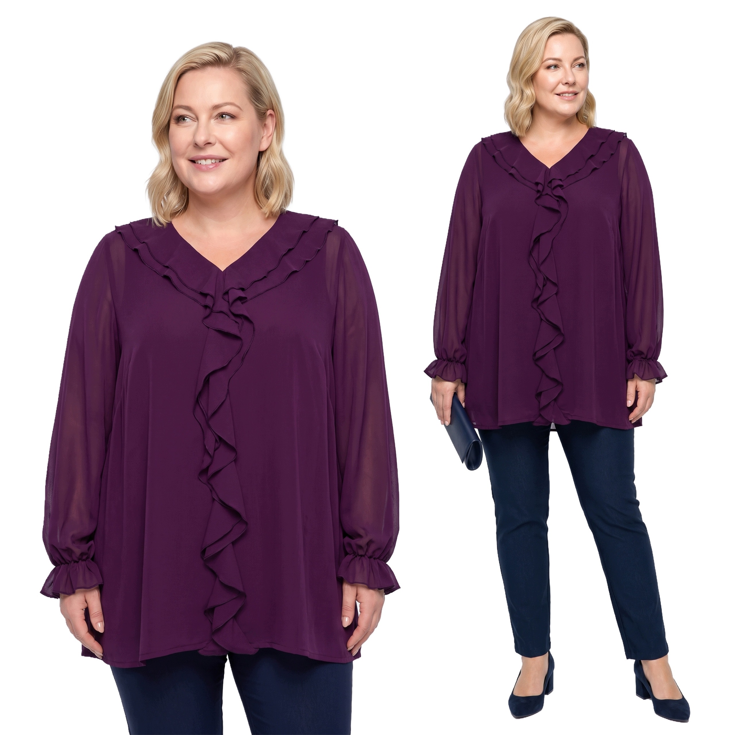 Fialová tunika s volánkem plus size velikost 62