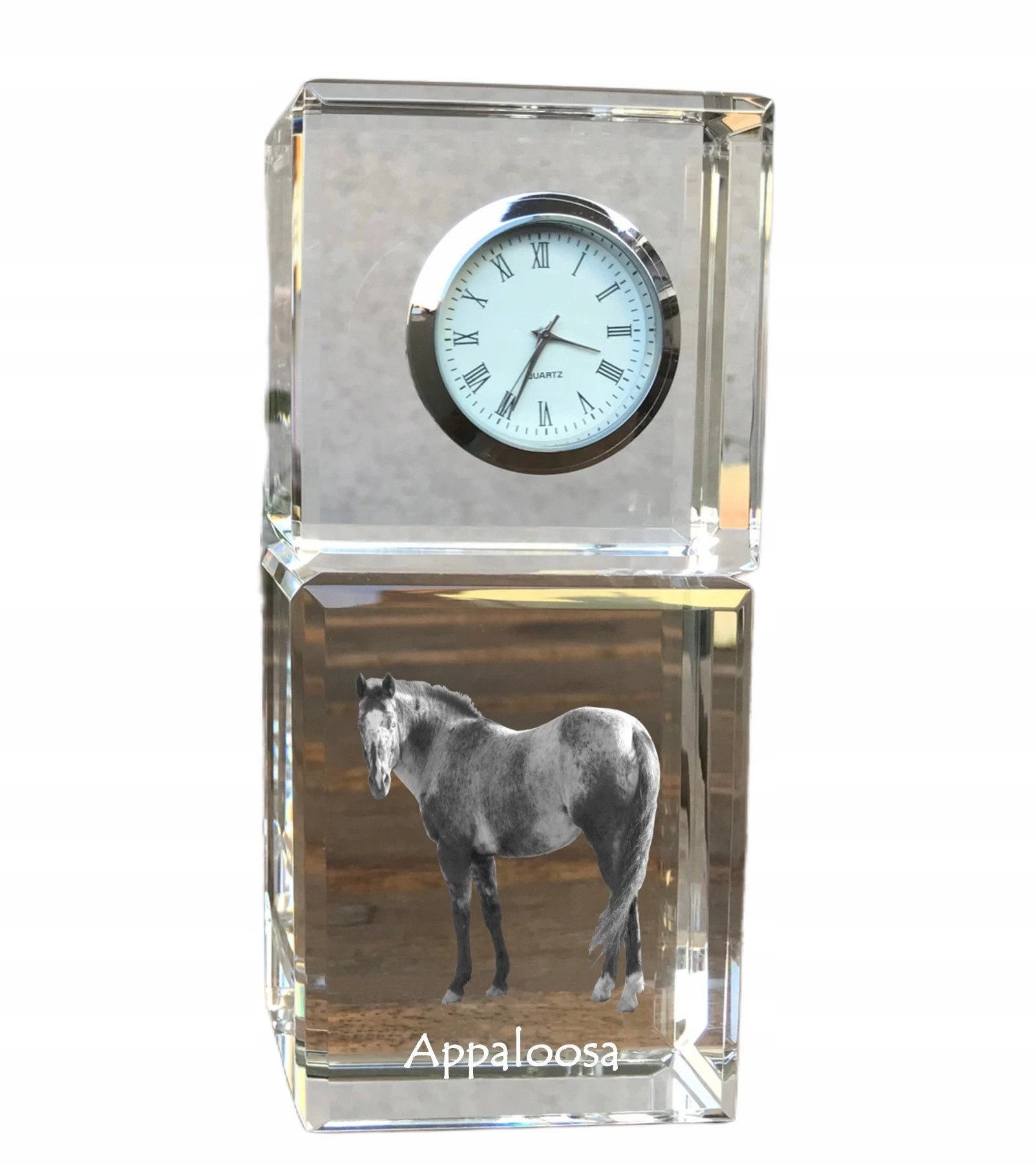 Kôň Appaloosa krištáľové stolové hodiny s vašou fotografiou, suvenír