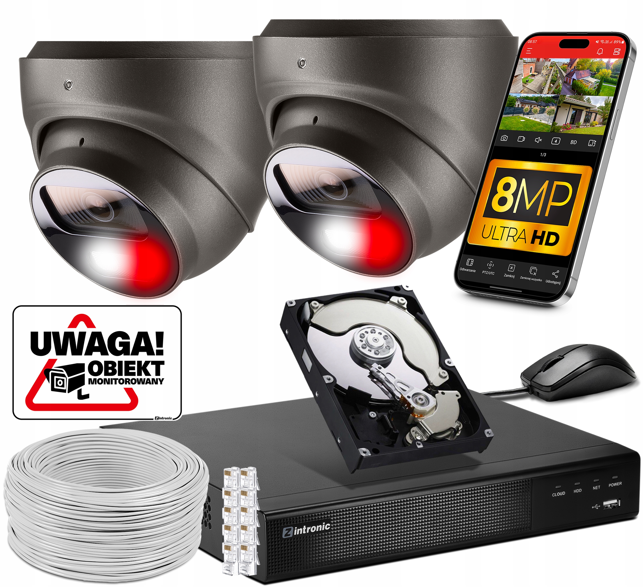 Sada Monitorování 2 kamer Poe 4K Ultra Hd 8Mpx Šedé kopule Detekce 1TB