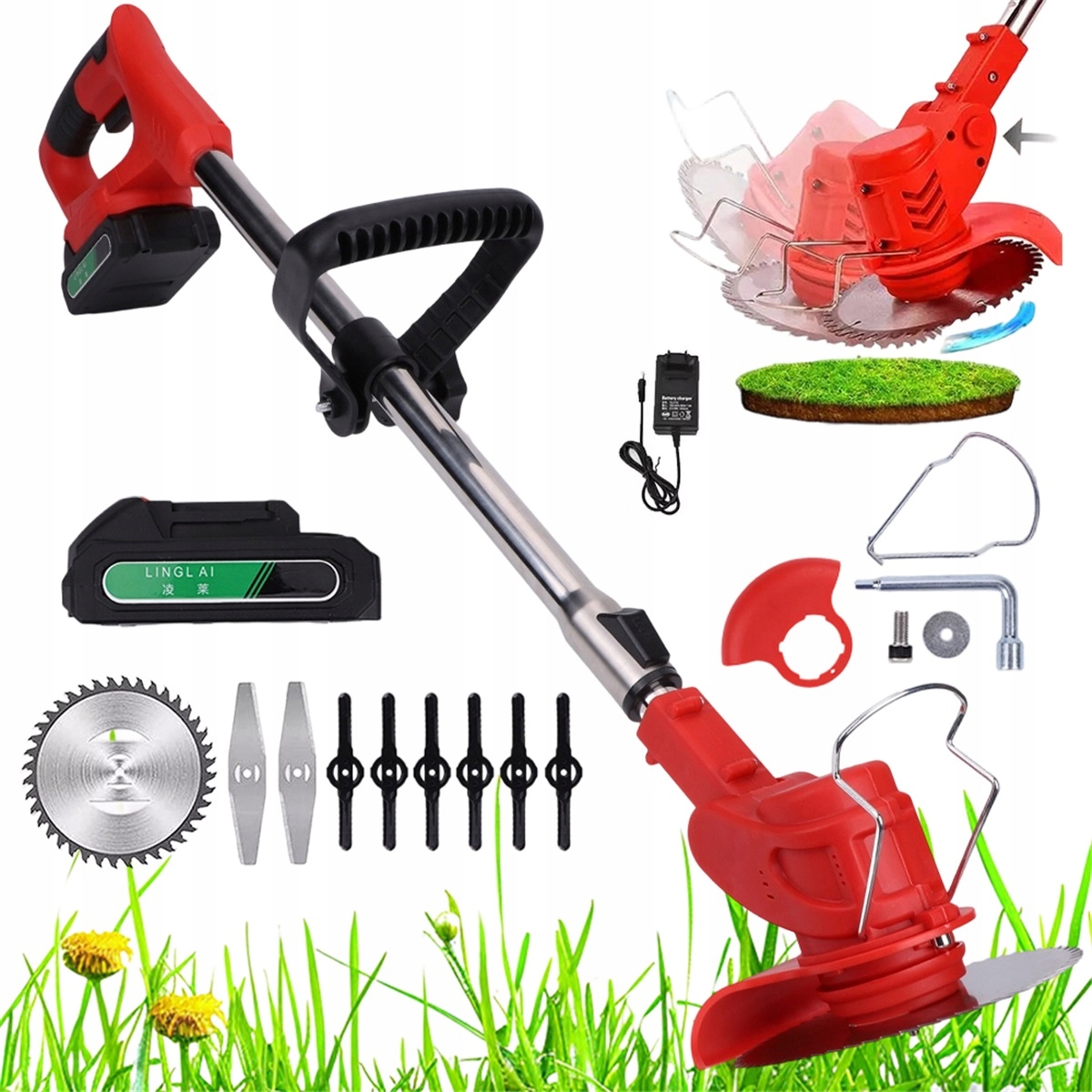 Sekačka na trávy 650 W se 6 čepelemi a baterií 2000 Mah pro zahradu a na terasu