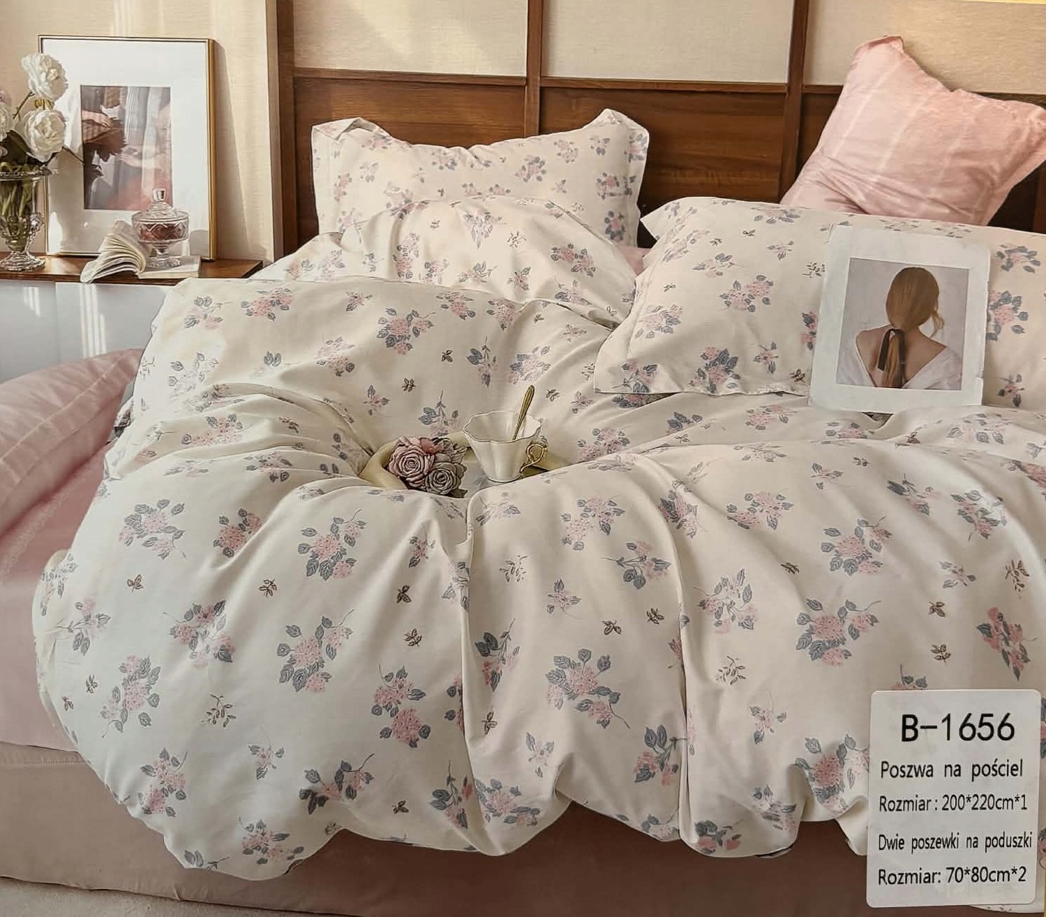 Komplet pościeli 100% bawełna Mengtianzi B-1656 biała w kwiaty 160x200 3el
