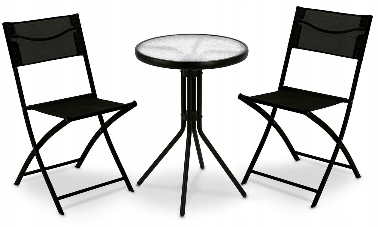 Sada zahradního nábytku, skleněný stolek kulatý 50 cm a 2 skládací židle