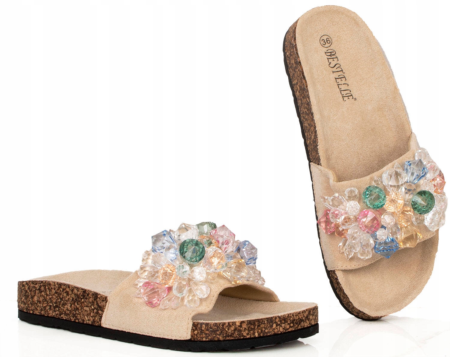 KLAPKI DAMSKIE BEŻOWE ZAMSZOWE Z KRYSZTAŁKAMI 38 Rozmiar 38