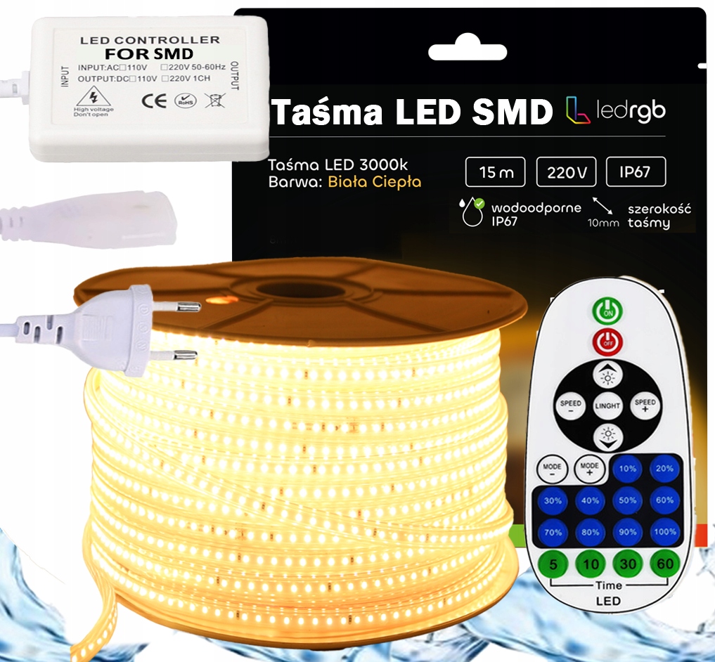 Set Led pásek Smd 230V 15 m 3000K Bílý Teplý Stmívač Dálkový Ovladač Ir IP67
