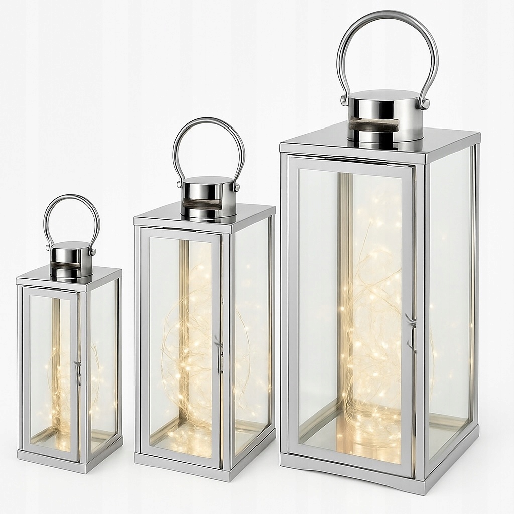 Sada 3 stříbrných svítilen Glamour 63 49 38 cm, nerezové lucerny Led