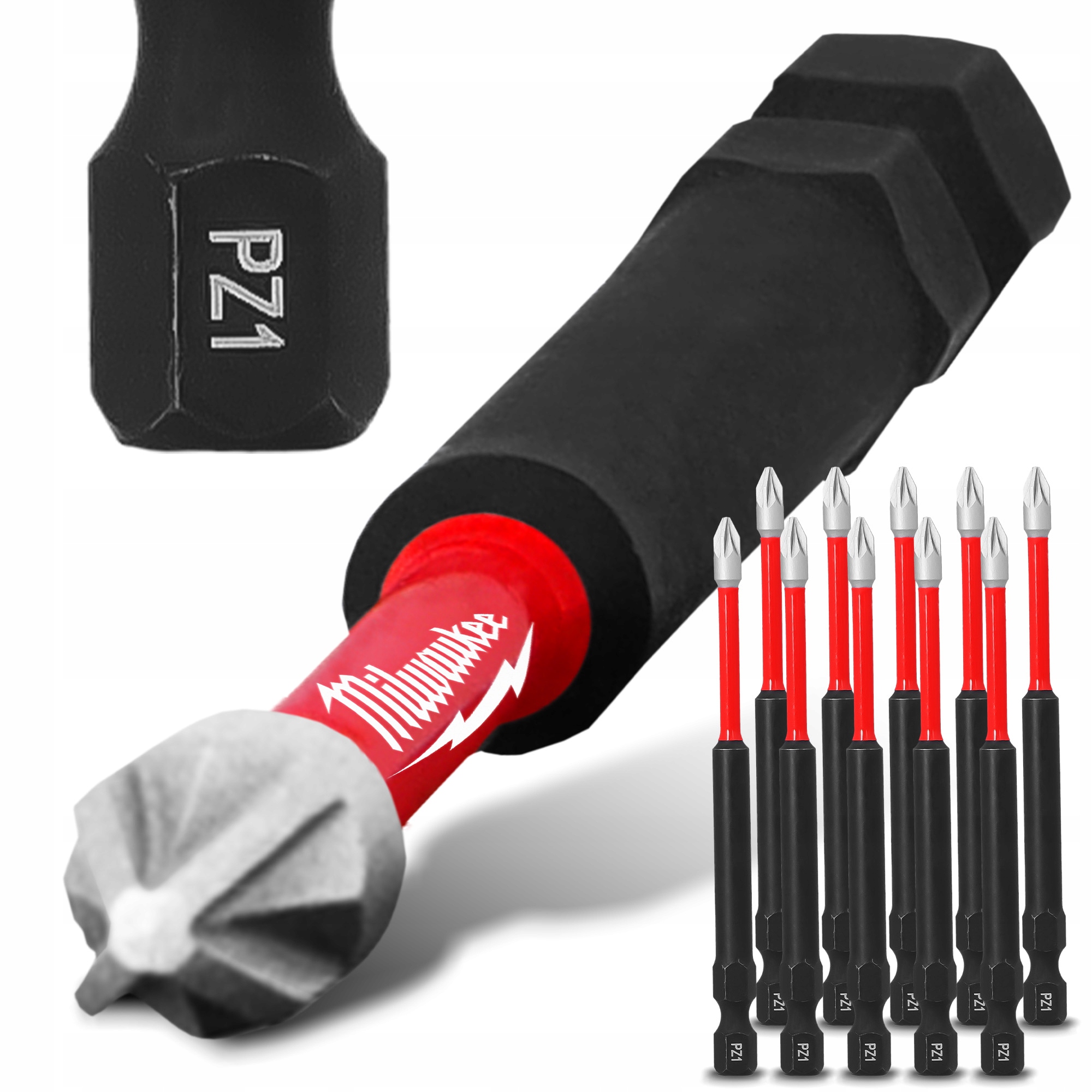 10x Úderový bit šroubováku PZ1 90 mm Milwaukee Magnetická Koncovka Pozid V8