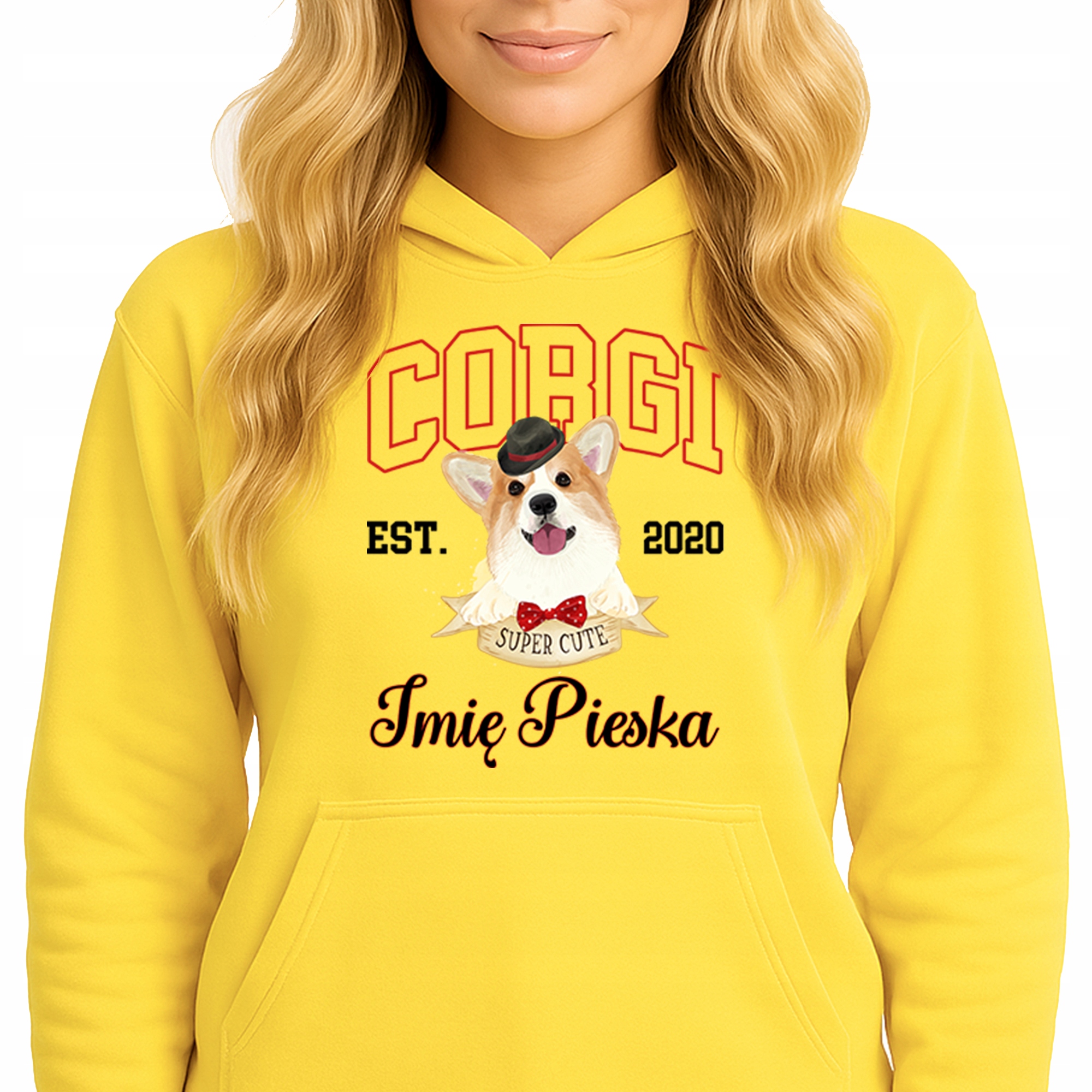 Mikina S Kapucí Žlutá bavlněná mikina Módní Youth Corgi Jméno Pejska M