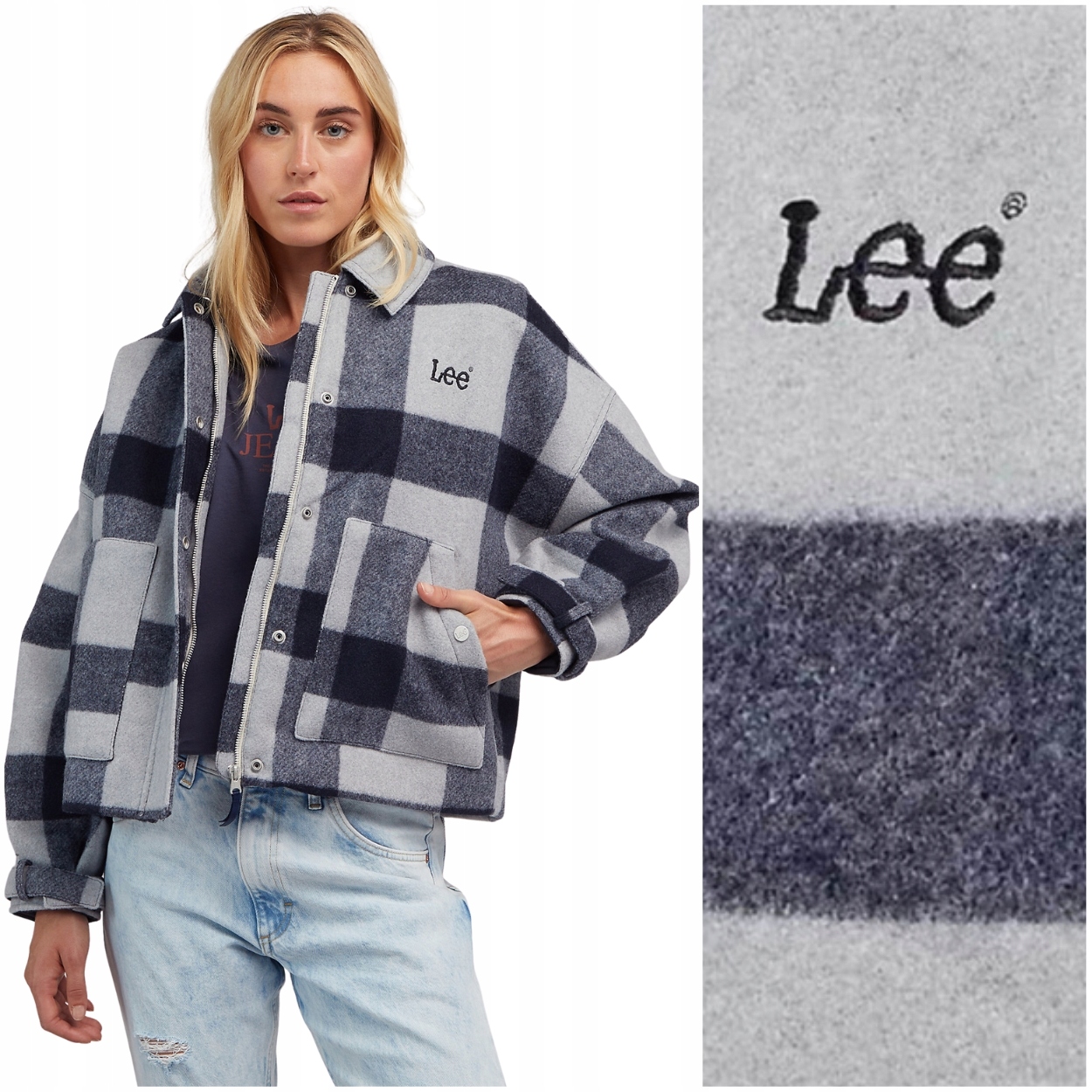 Lee Wool Jacket volná šedá dámská kostkovaná bunda s příměsí vlny L