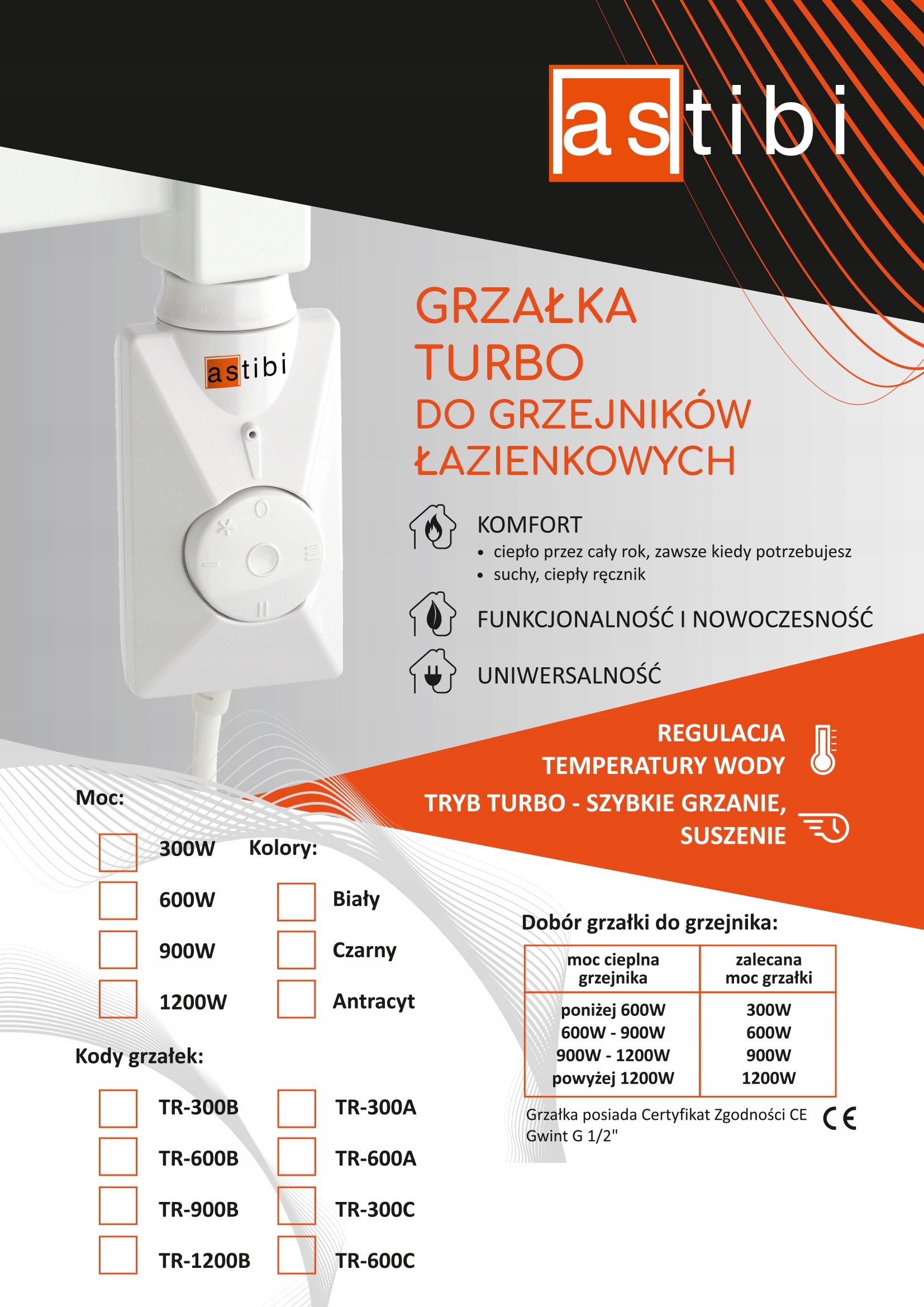 GRZAŁKA ELEKTRYCZNA GRZEJNIKA ASTIBI 900W BIAŁA Moc grzewcza 900 W