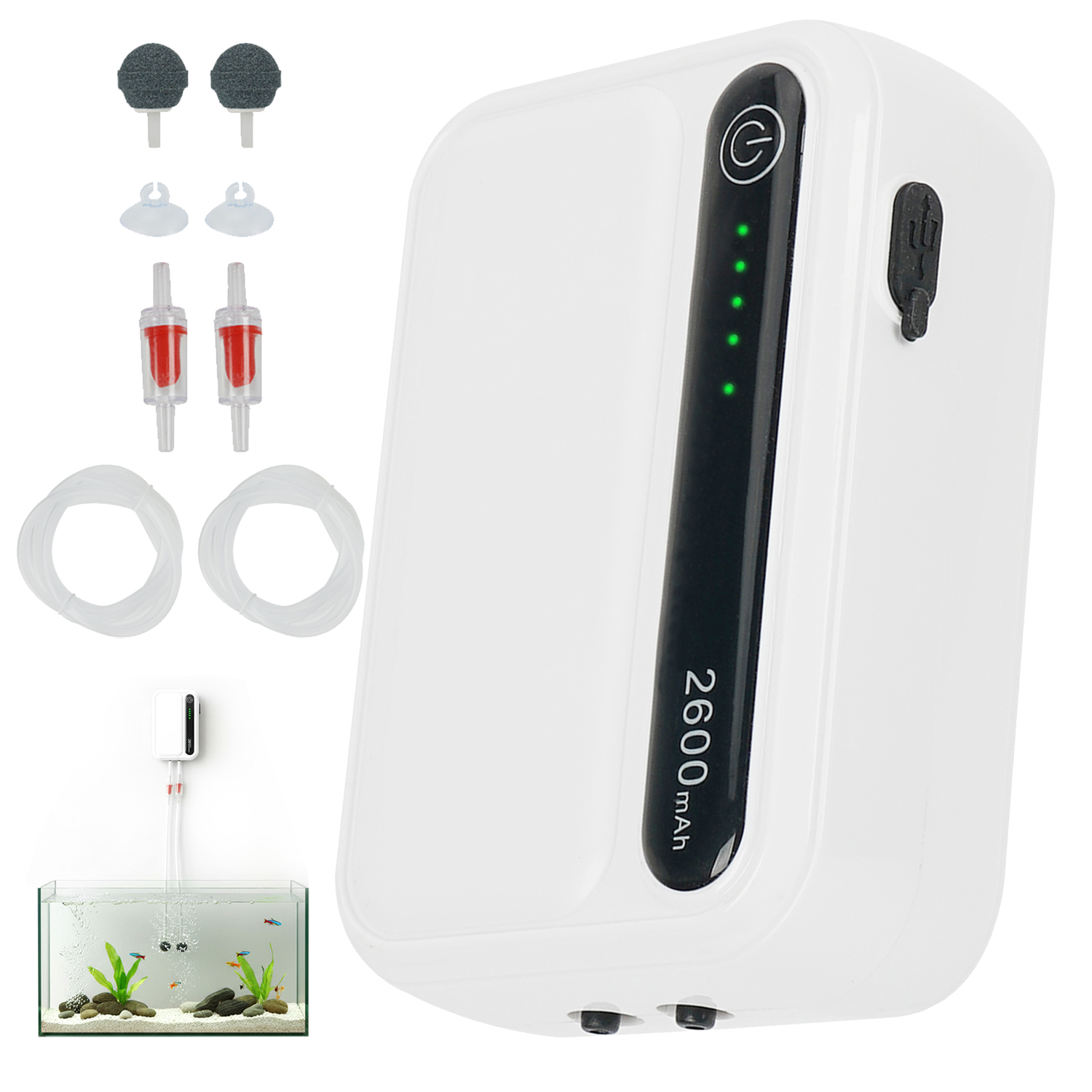Levně Akvarijní Vzduchové Čerpadlo 30-100L Sada Kamenných Hadic Nouzová Akumulátor