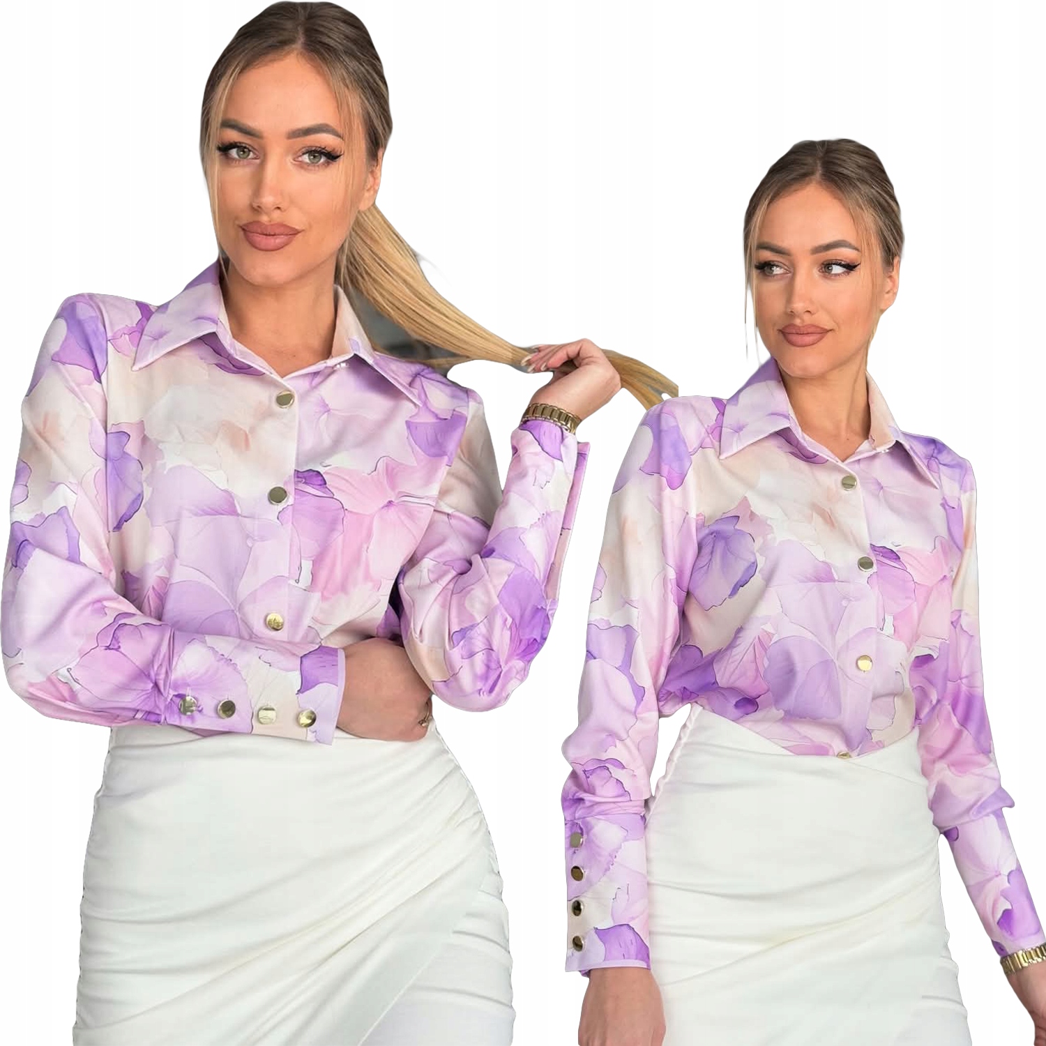 Dámská košile S Květinovým Vzorem a límečkem a zlatými knoflíky L