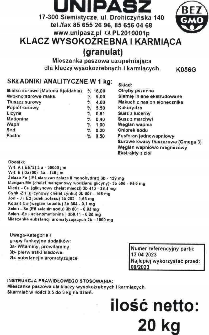Pasza dla koni klaczy karmiących i źrebnych 20 kg EAN (GTIN) 6486001269273