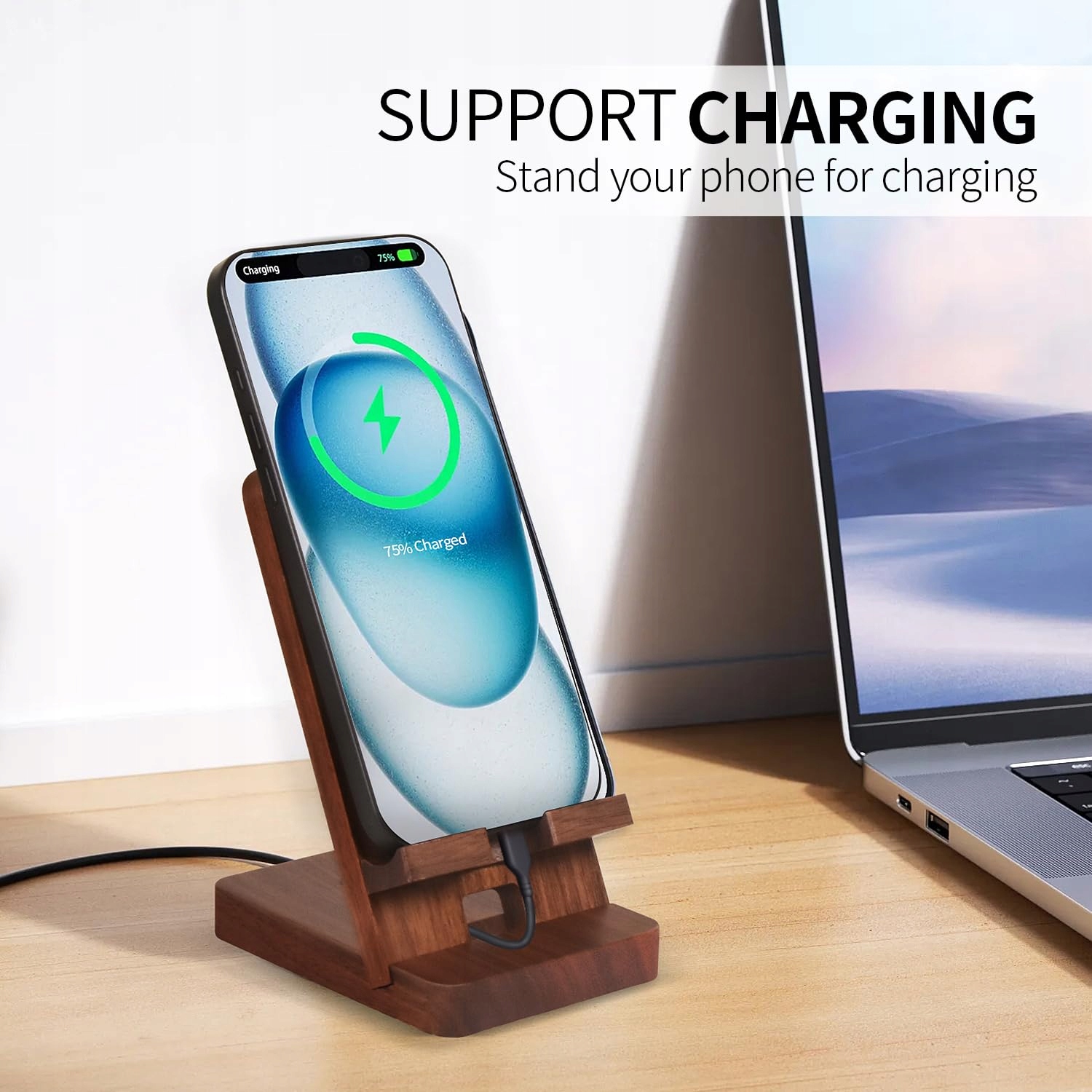 PLEHOOD Drewniany Stojak Na Telefon Z Orzecha Kompatybilny Z iPhone — miniatura 2