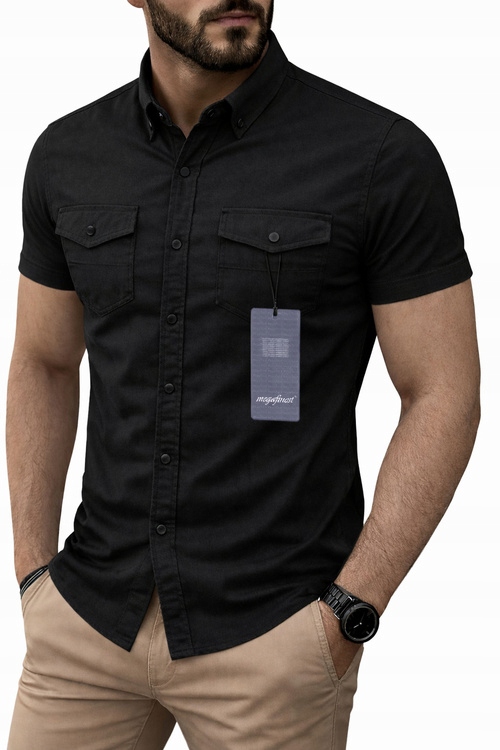 Czarna Koszula Męska Sportowa Jeansowa Krótki Rękaw 322 3XL 47-48