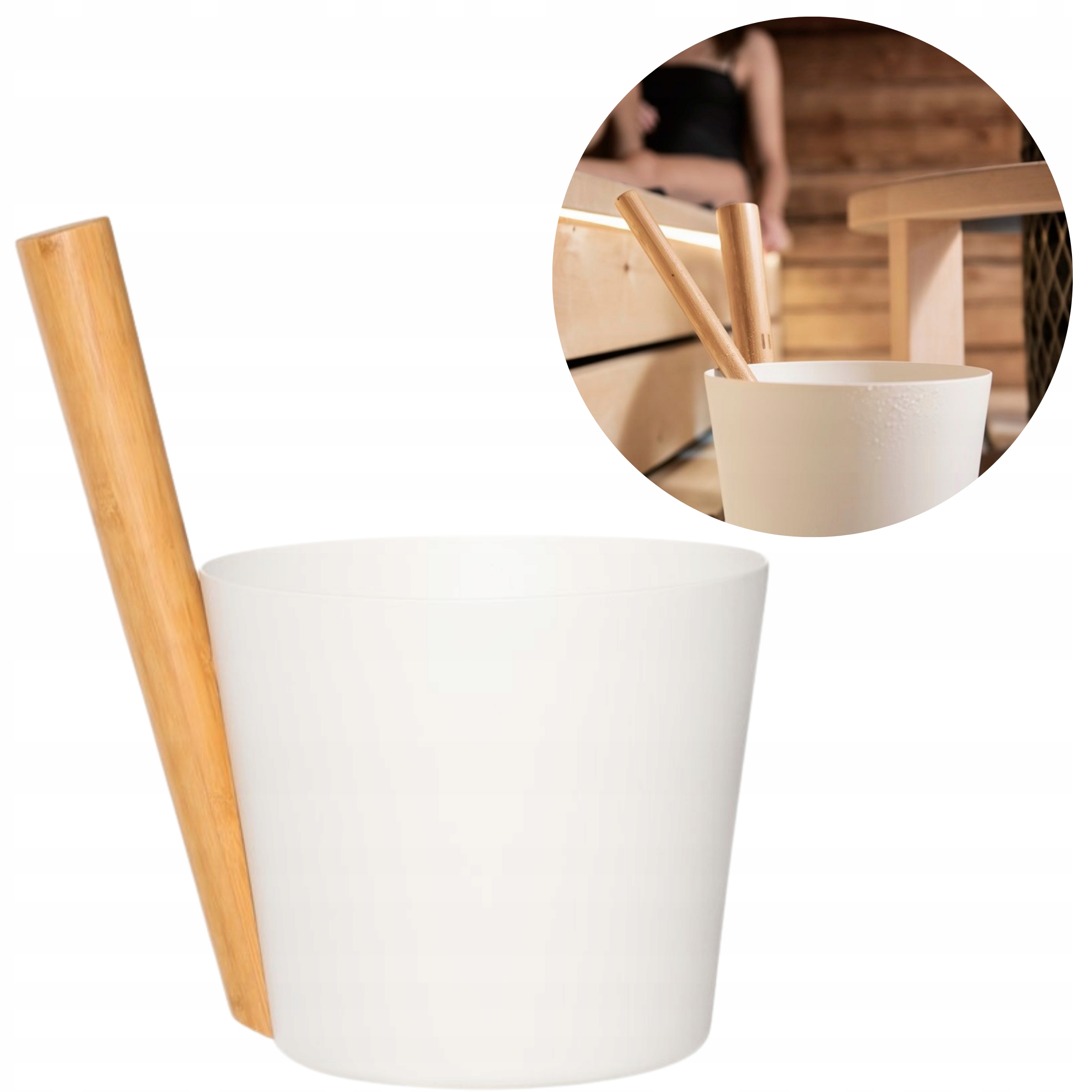 Ceber do sauny hliníkový s dreveným držiakom 5L Vedro biele Rento Sauna