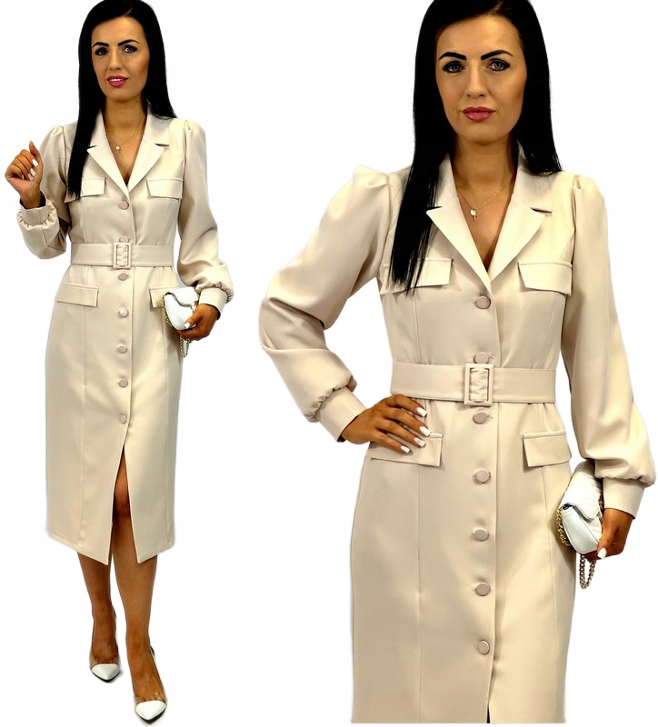 Šaty MIDI Jednoduchá Na Knoflíky Bufka Spona Béžová L