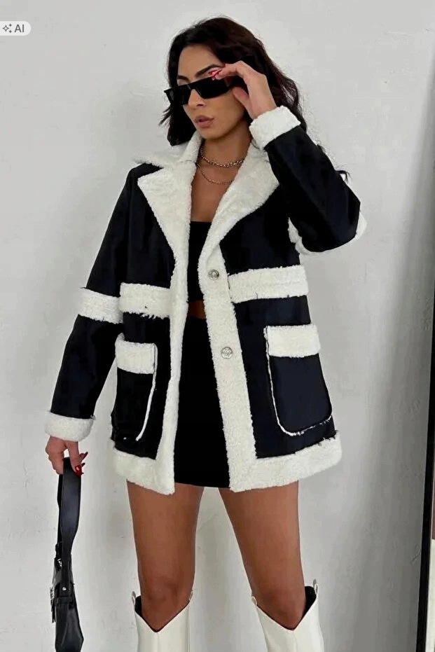 Černá Dámská Bunda S Bílým Kožíškem Elegantní L 5IA