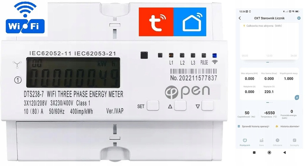 Počítadlo proudové energie 3 fáze 80A Smart Tuya WiFi
