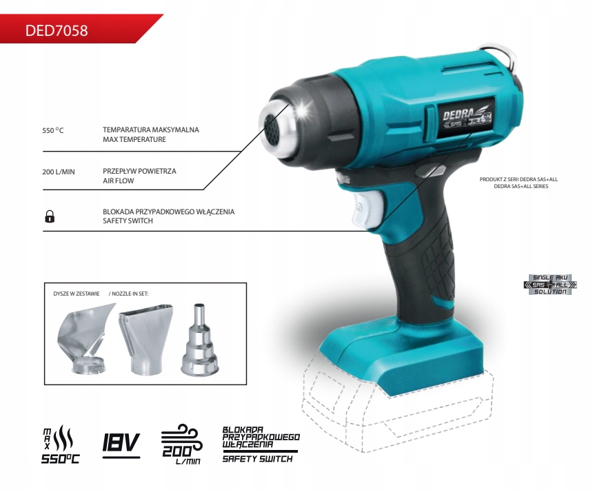 DEDRA OPALARKA AKUMULATOROWA SAS+ALL DED7058 18V Zasilanie akumulatorowe