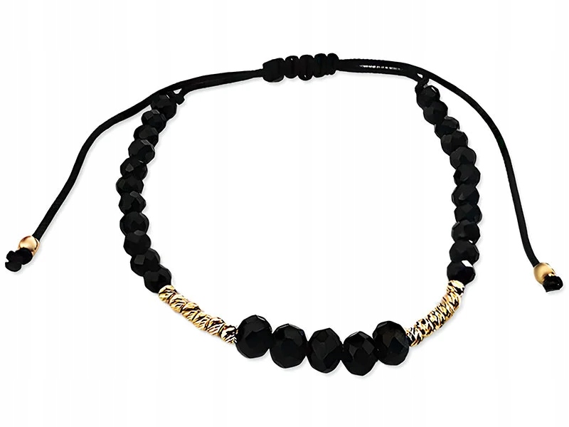 Zlatý provázkový náramek 585, černé křišťály s kuličkami 14kt 0.55 g