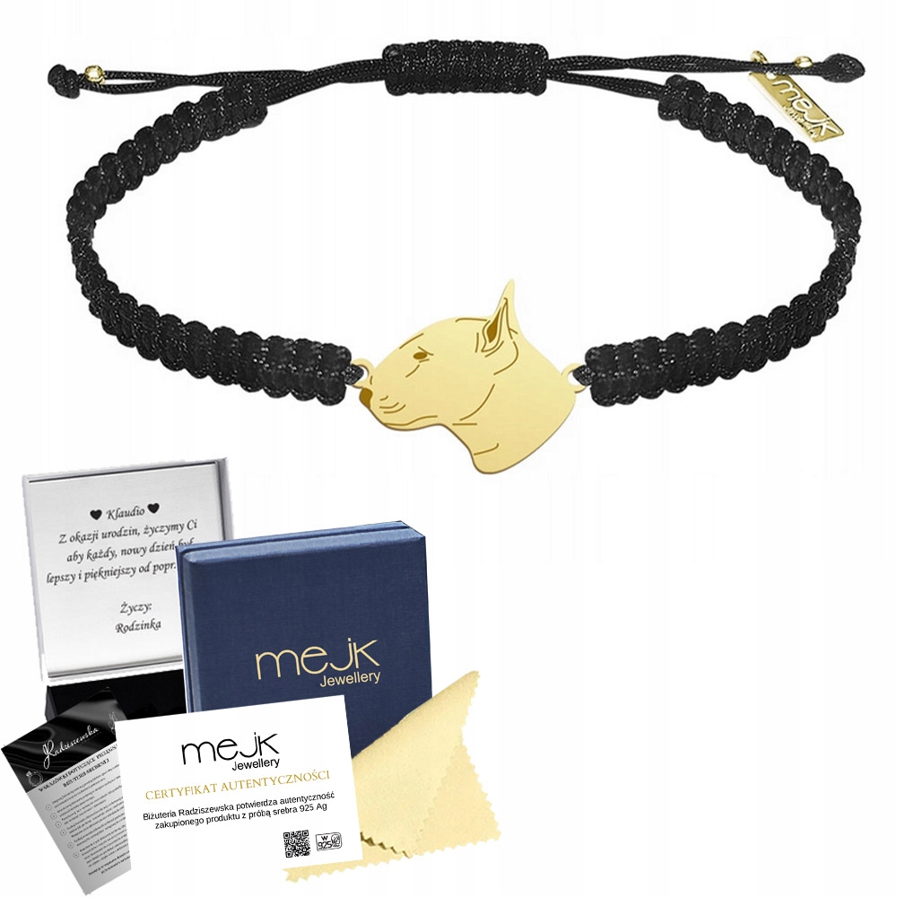 Zlatý náramek z anglického bulteriéra na provázku Dárek Makramé Gravírování