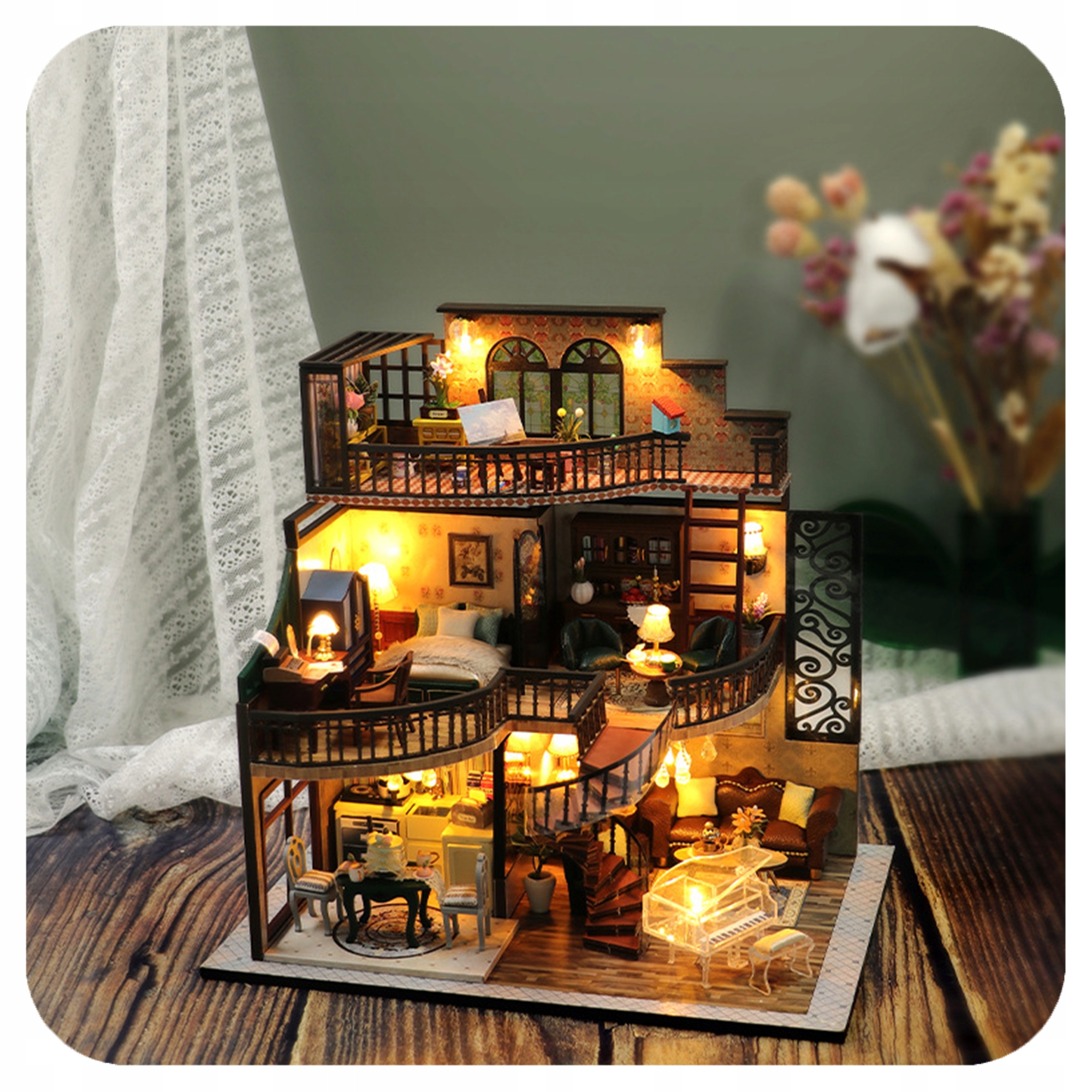Miniatiūrinis lėlių namelis „Medinis 3d dviejų aukštų pawilon p“ DIY rinkinys su LED apšvietimu, 24 × 17 × 23,5 cm nuotrauka 6