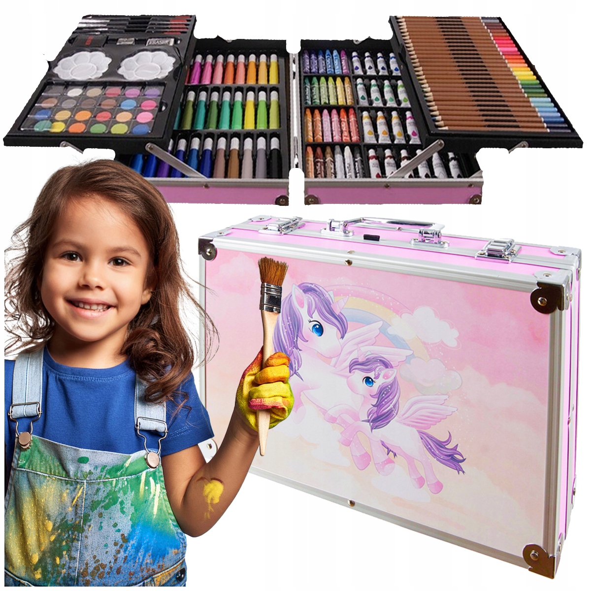 ZESTAW ARTYSTYCZNY DZIECI malowania rysowania Farby Kredki WALIZKA 145 EL