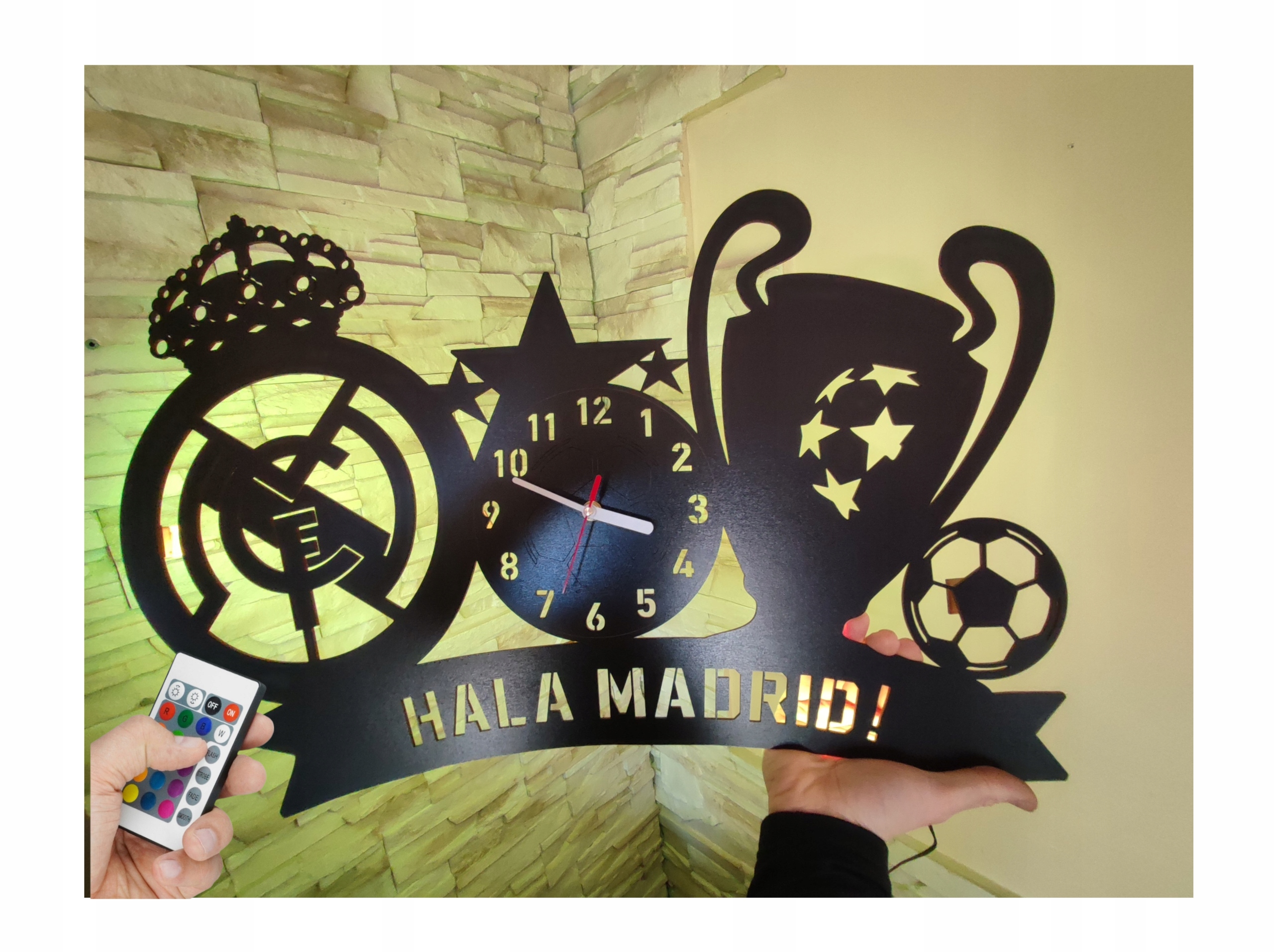 obraz drewniany Fc Real Madryt Hala Madrid Piłkarski herb Lampka zegar Led