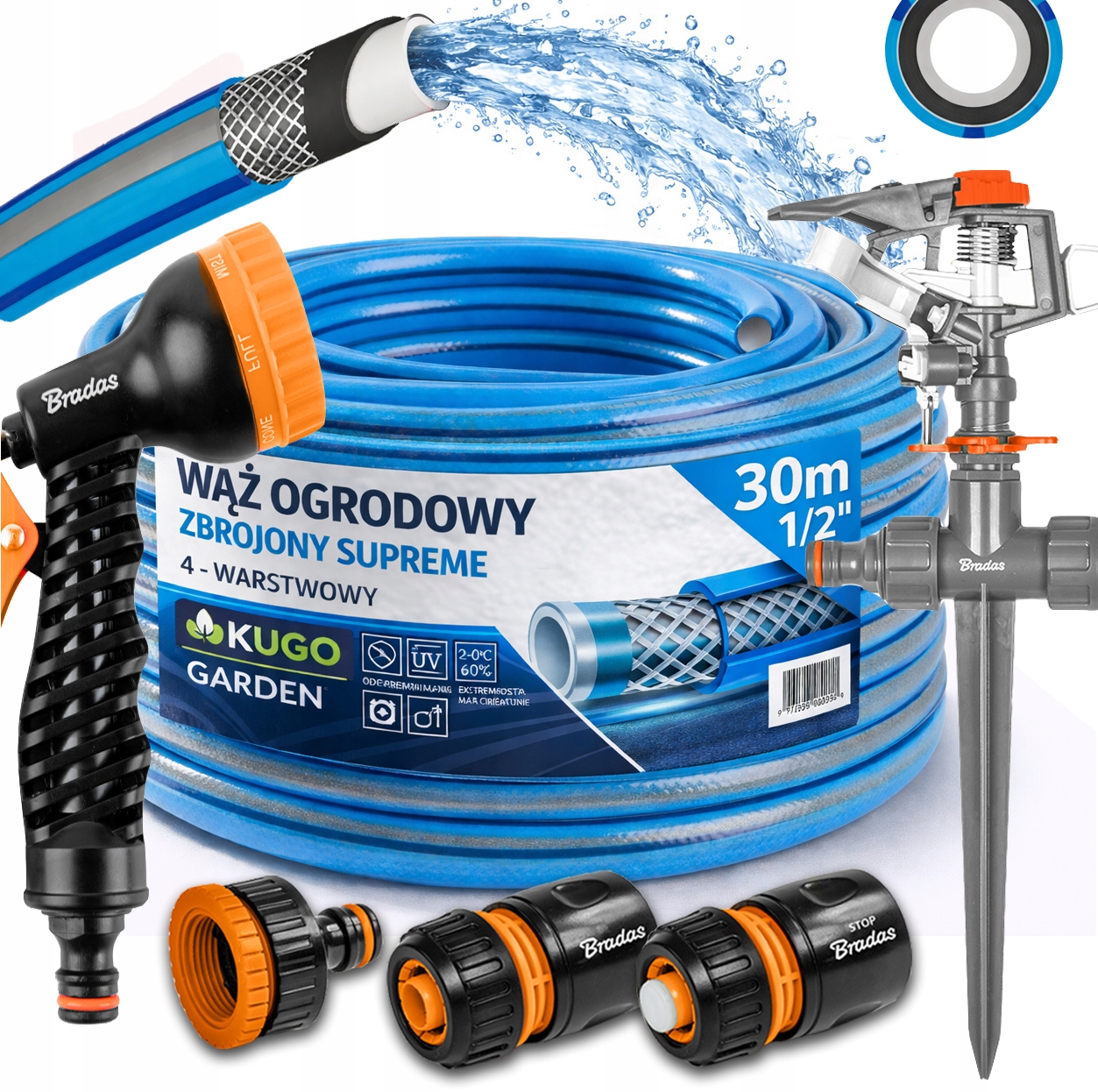 Hadice 1/2" 30 m 4 Vrstvy Supreme Gun Zavlažovač Set Bradas