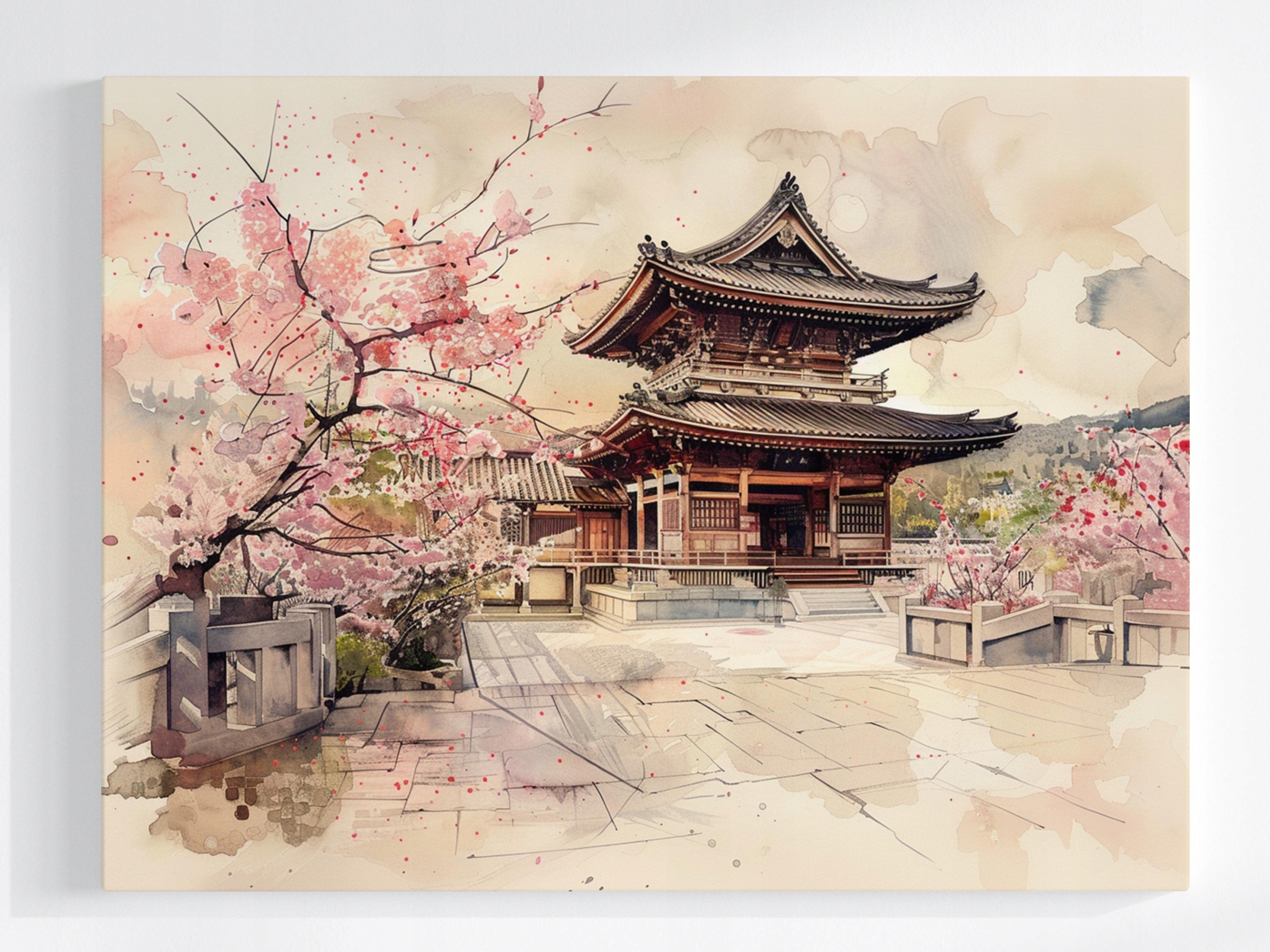 Obraz Na Plátně Canvas Japonský Kvetoucí Chrám Višeň Akvarel 100x75