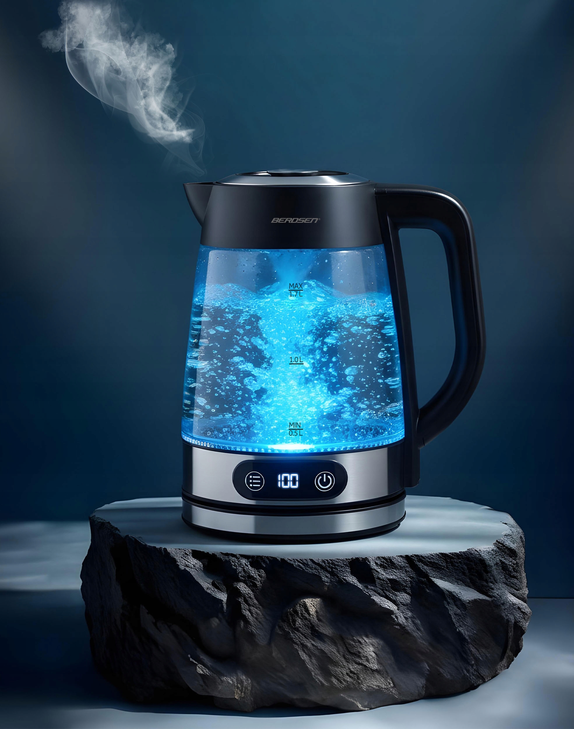 Skleněná elektrická konvice Berdsen s regulací teploty – Led, 2200 W