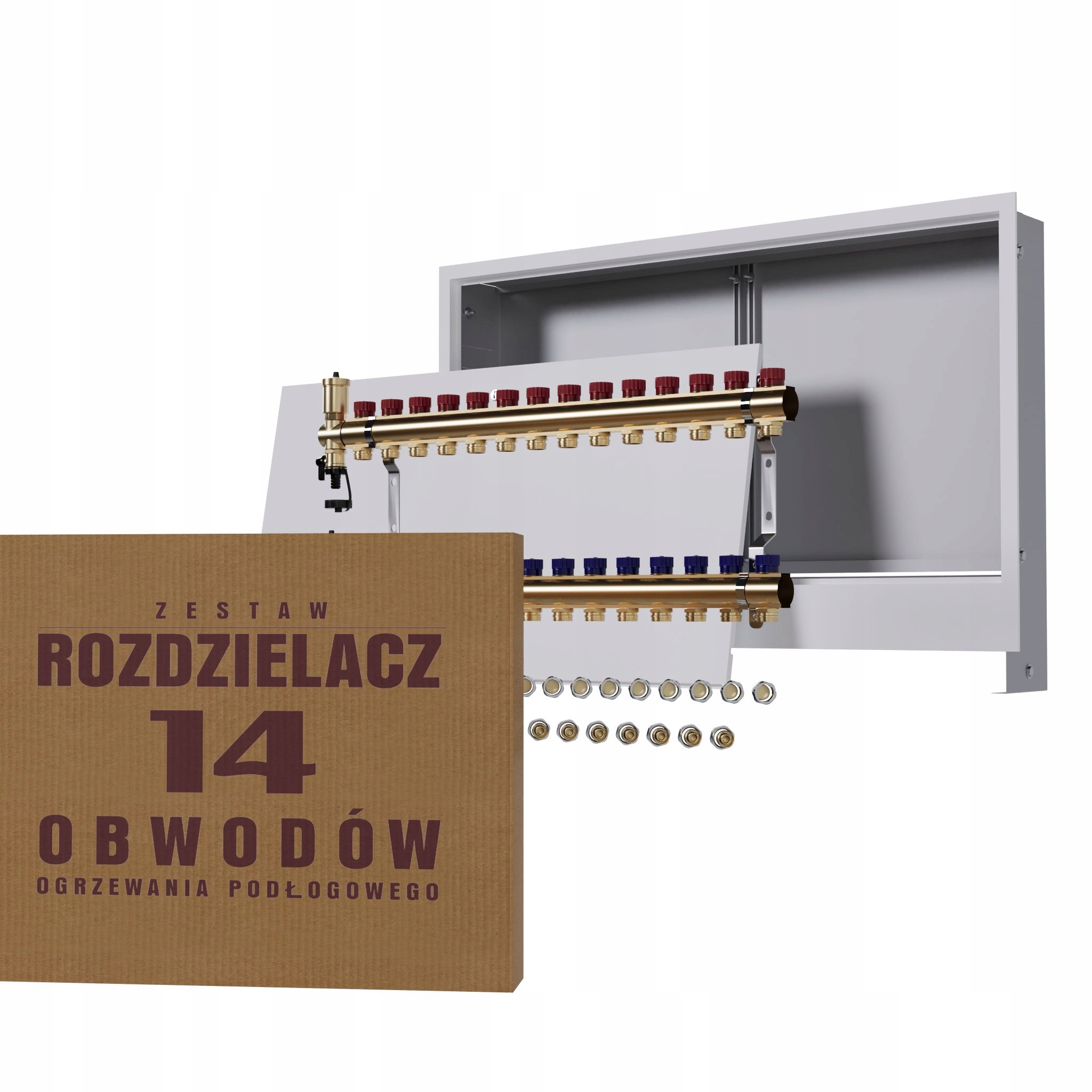 Manuálny rozdeľovač 14 obvodov pre radiátory podomietková skrinka Pex