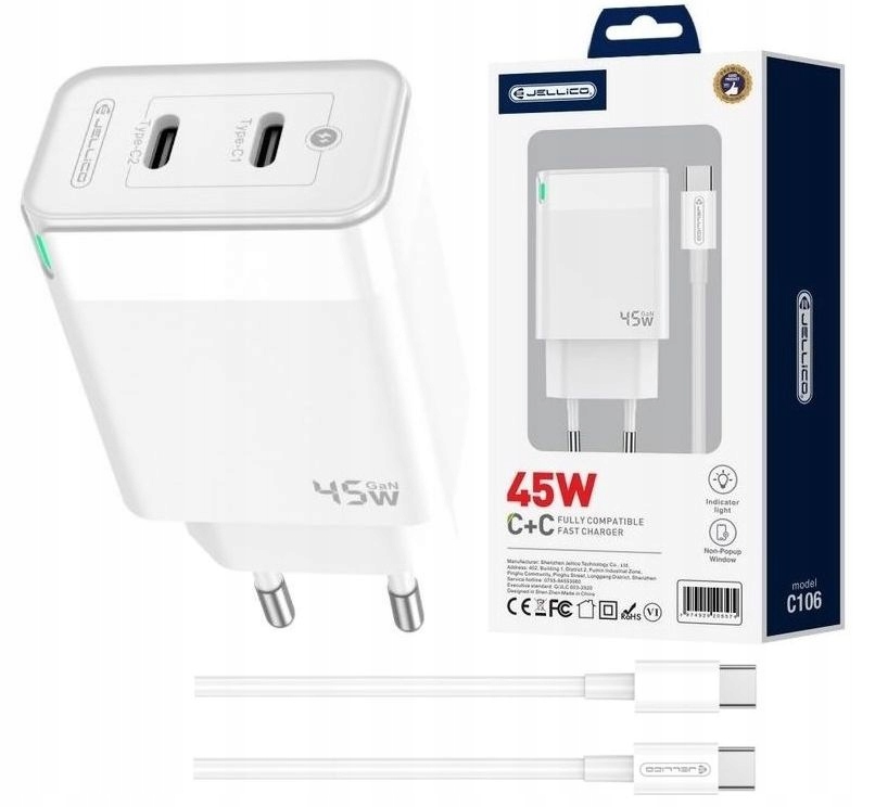 Szybka 45W Ładowarka z Kablem 2 x USB - C QC Fast Charger do Telefonu Smart