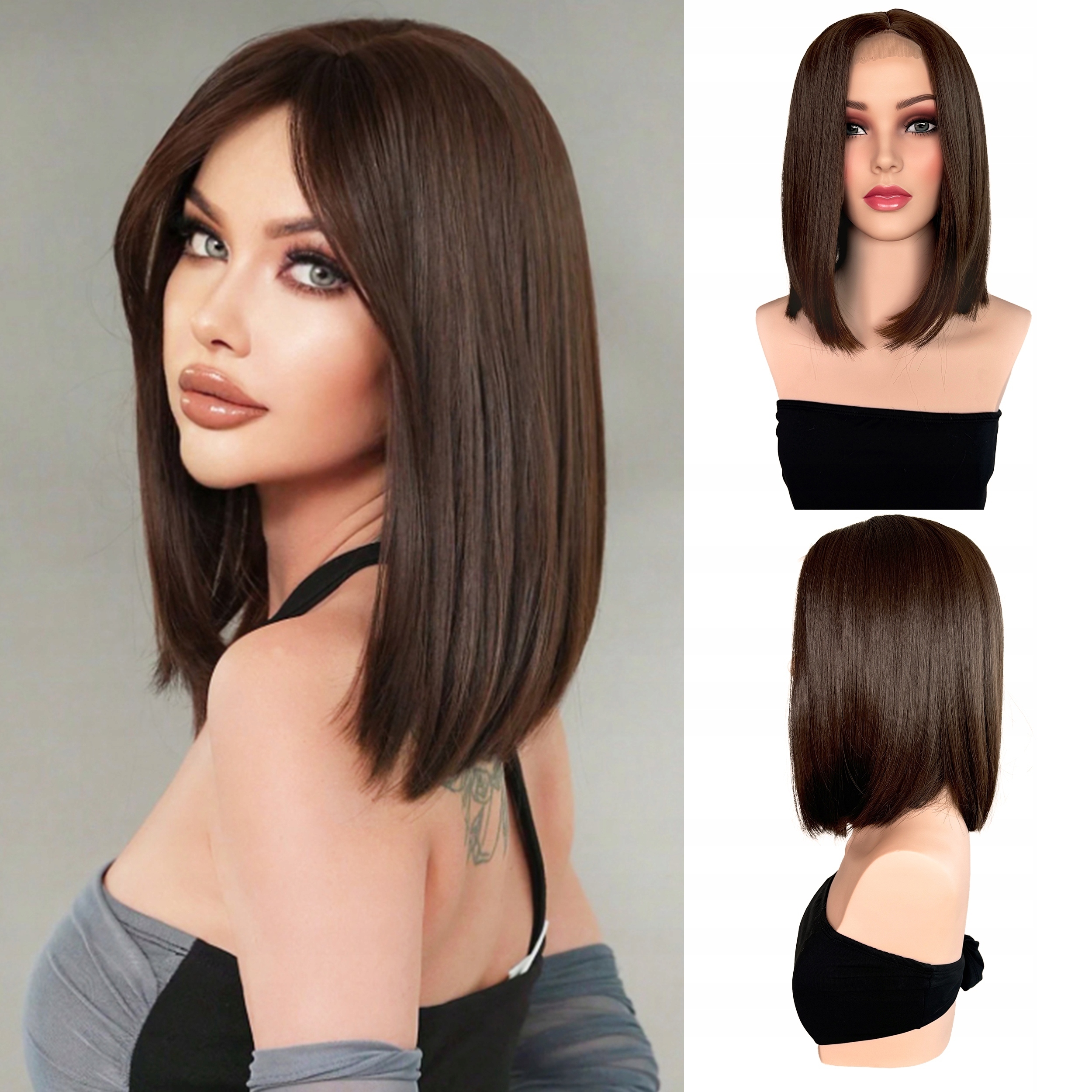 Syntetická paruka s umělými vlasy Bob Hnědá Hladký Krátký účes 35 cm