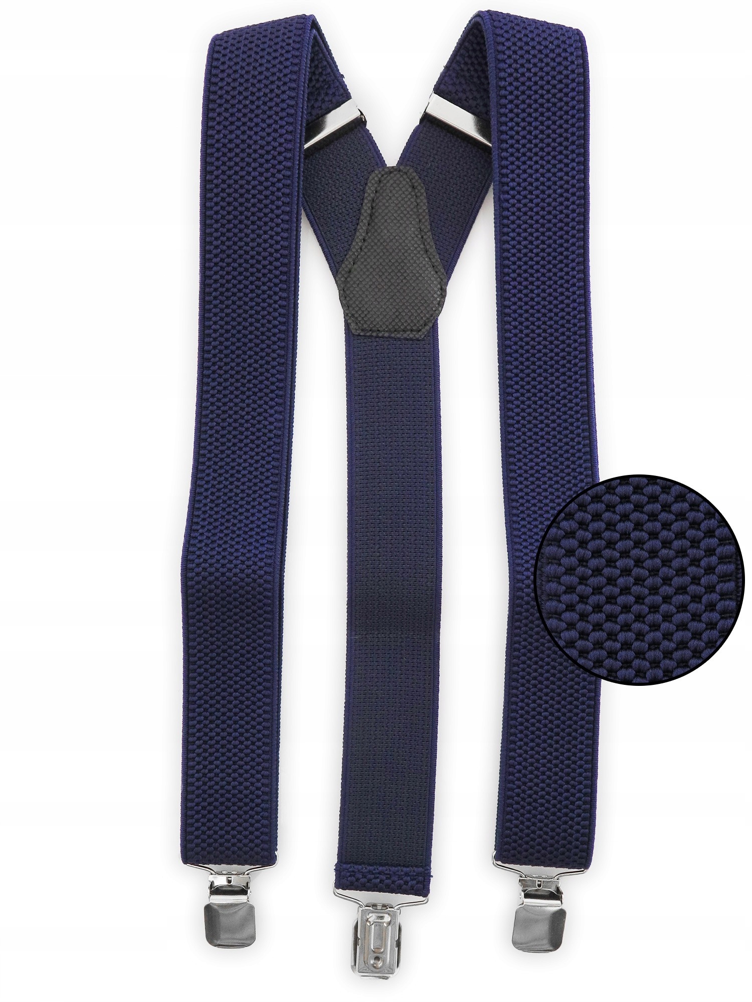 Granatowe elastyczne szelki męskie do spodni z brązową skórką T87 Marka Modini