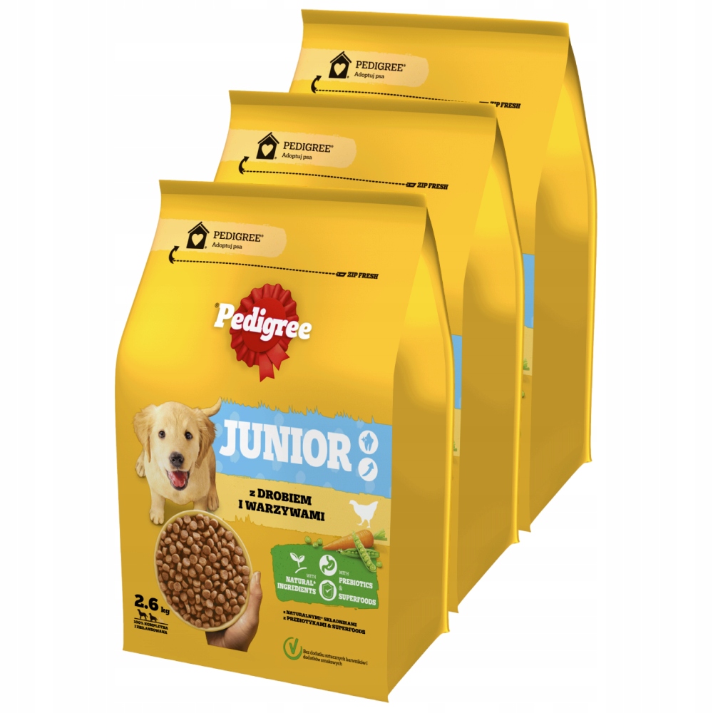 Zestaw 3X Pedigree Junior Z Drobiem I Warzywami Dużych I Średnich Ras 2,6KG