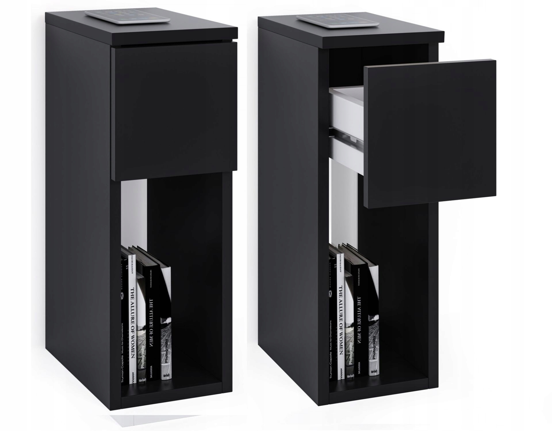 Sada 2 Ks Nočních Stolků Černý, Úzký, 20 CM, Se Zásuvkou A Policí