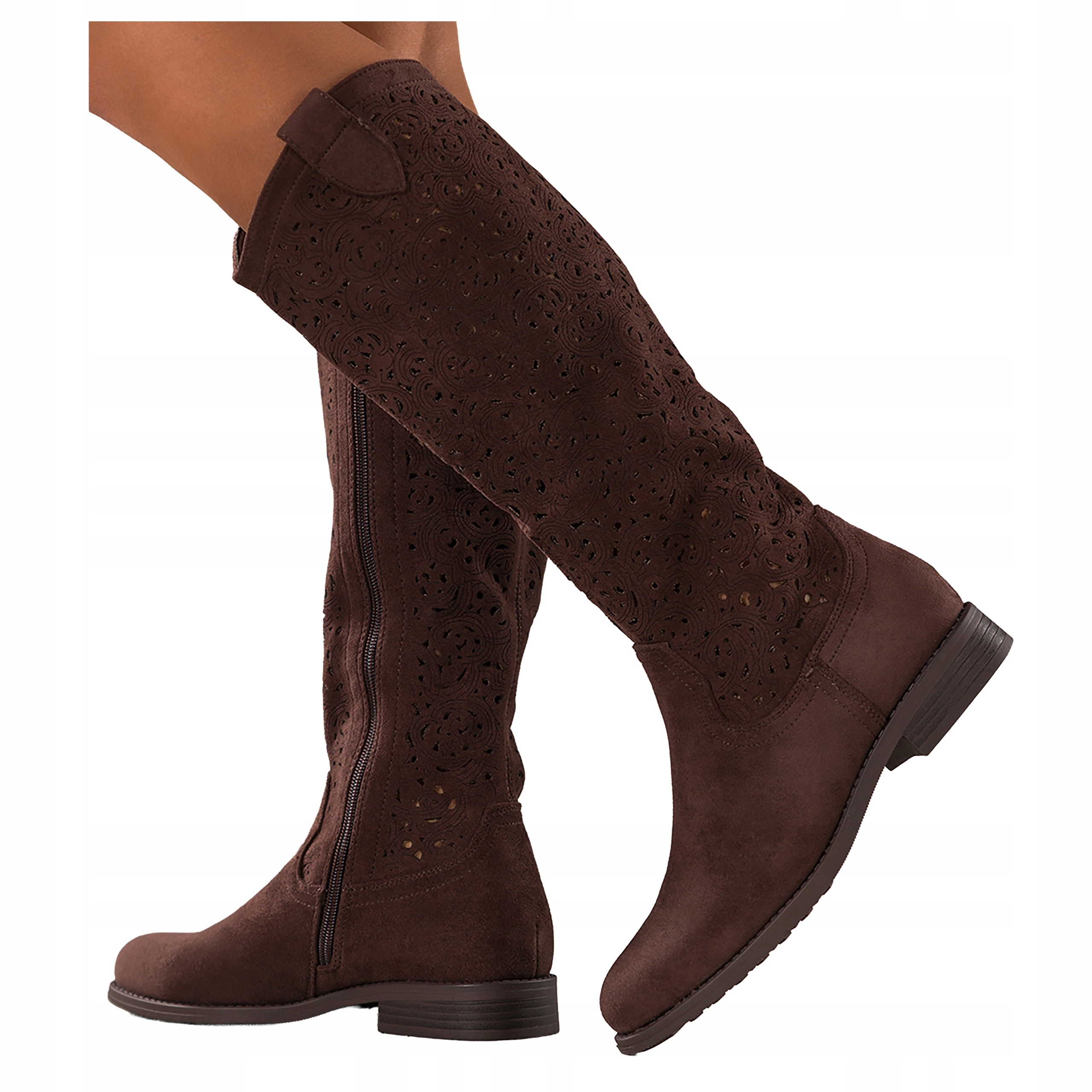 Čokoládové Kozačky Dámské Pohodlné Široké Ažurové Svršek Ploché vel. 40