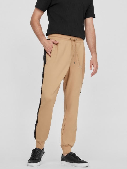 Guess Béžové Tepláky S Černým Lampasem A Manžetou 3XL Gga