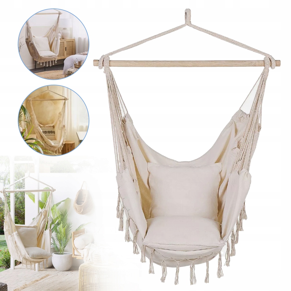 Brazilské Křeslo Závěsné Houpací Křeslo Houpačka Boho Béžová S Polštáři