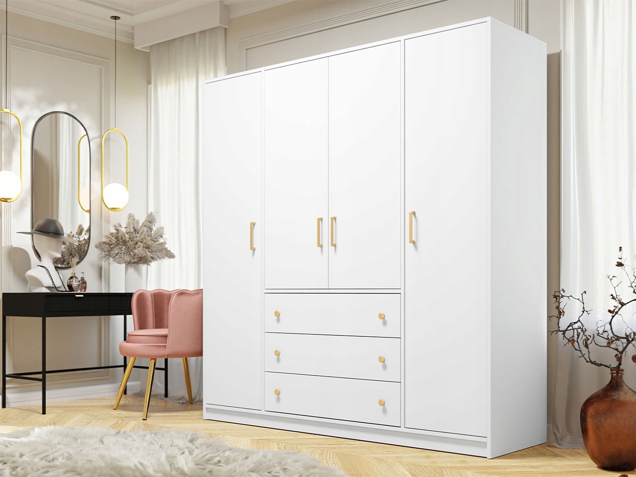 Szafa otwierana 196cm RETRO BIAŁA + ZŁOTE UCHWYTY/ DODATKI Głębokość mebla 58 cm