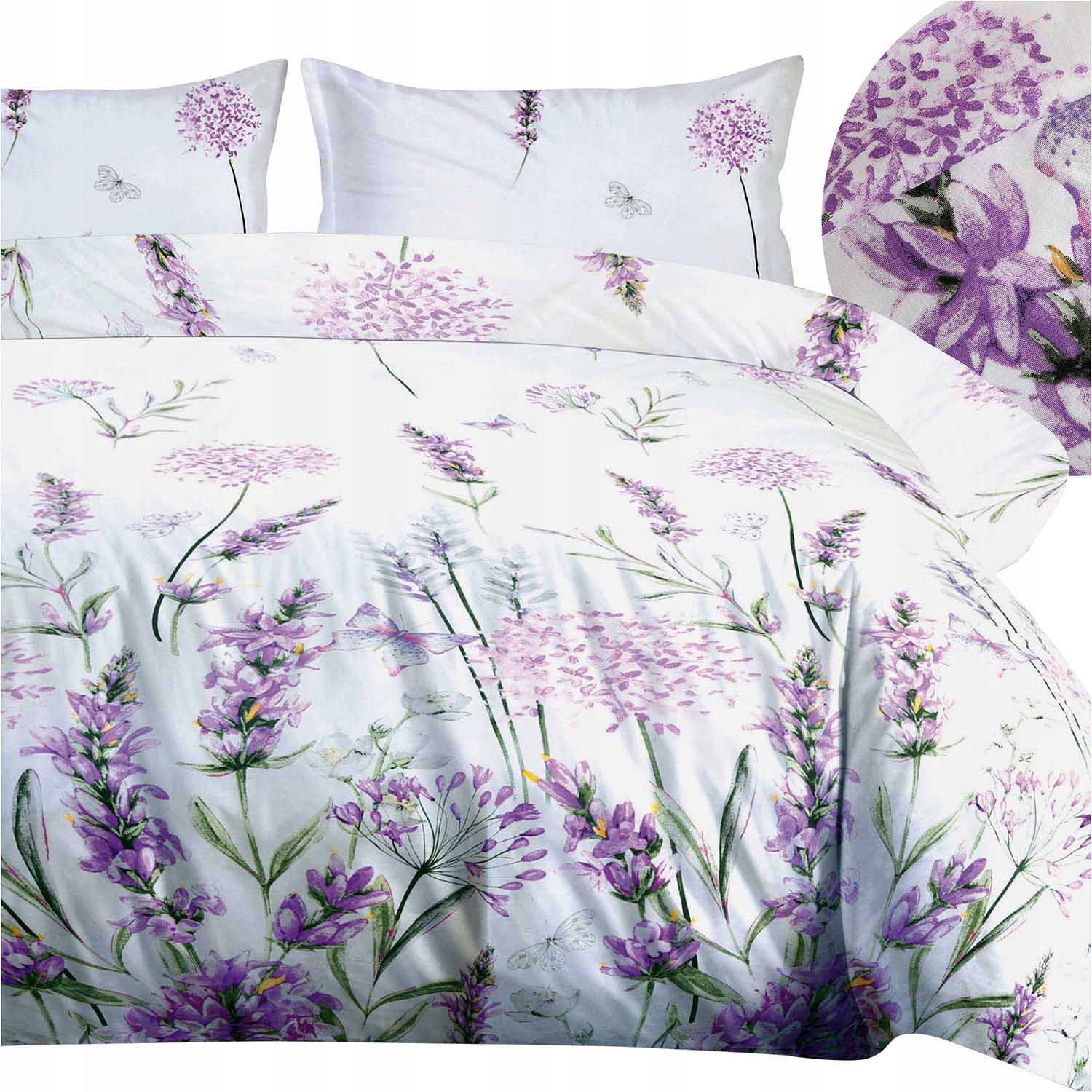 Pościel bawełniana 220x200 Cottonlove Kwiaty Lawendy biała fioletowa