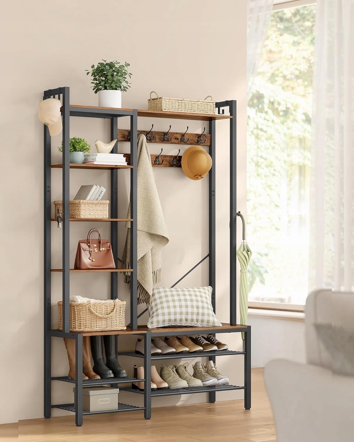 Predsieňový vešiak s botníkom a policami 120 x 190 x 40 cm hnedý